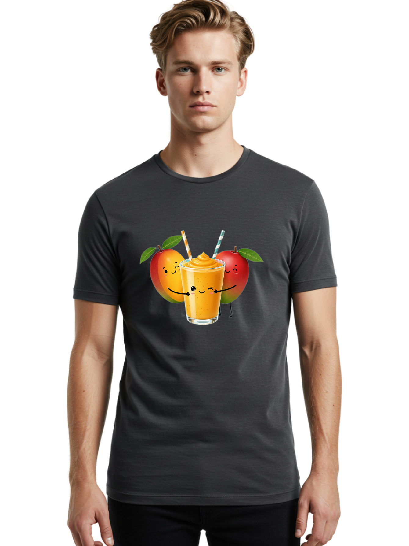 Mango-Apple-Smoothie Men'S Graphic Tee, 100% Cotton, Comfortable Casual Summer Wear, Machine Washable, Mango Smoothie, Apple Characters, Orange Drink, Cartoon Style, Happy Fruits, Smiling Faces, Healthy Beverage, Refreshing Drink, Bac135