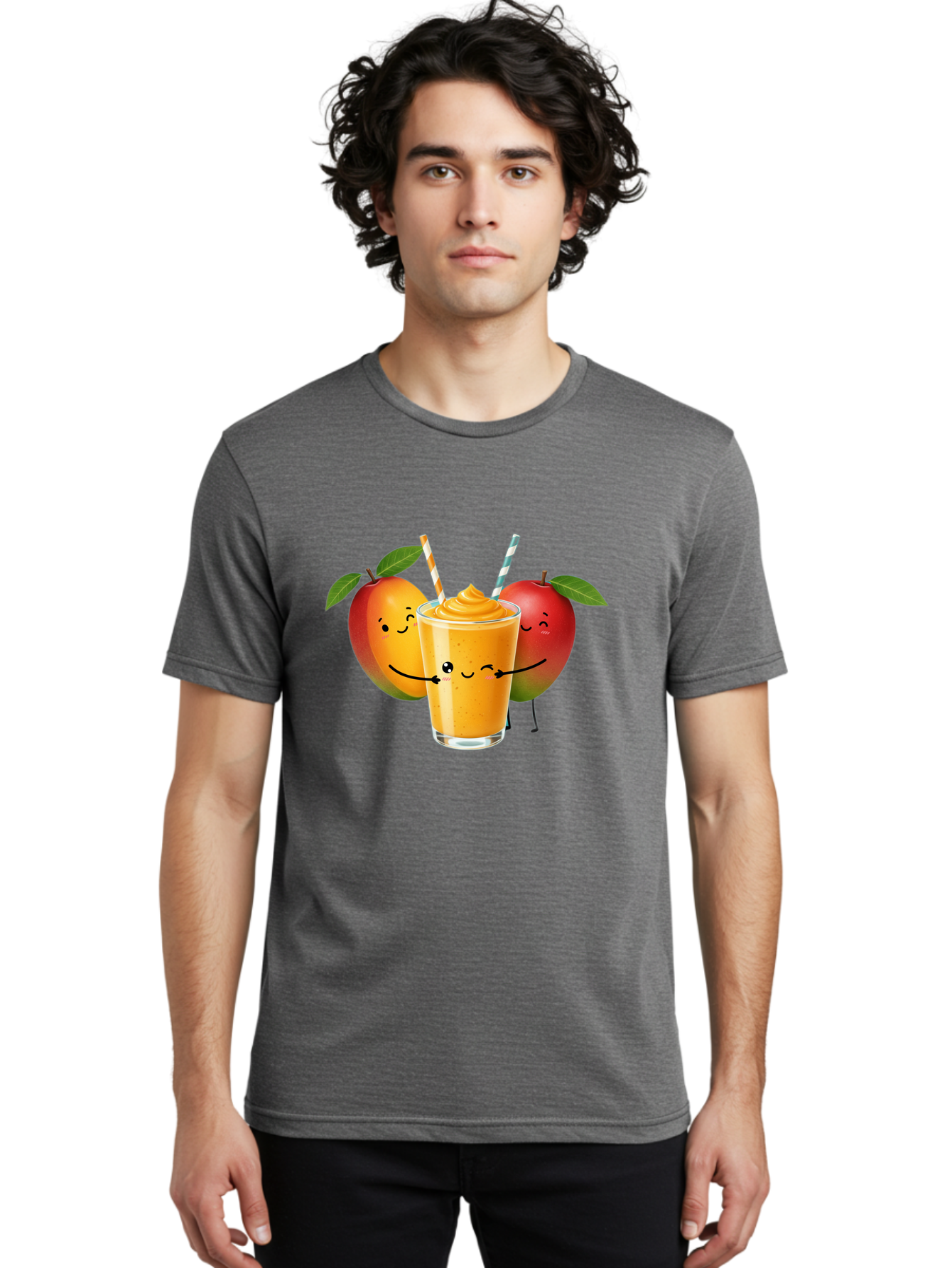 Mango-Apple-Smoothie Men'S Graphic Tee, 100% Cotton, Comfortable Casual Summer Wear, Machine Washable, Mango Smoothie, Apple Characters, Orange Drink, Cartoon Style, Happy Fruits, Smiling Faces, Healthy Beverage, Refreshing Drink, Bac135