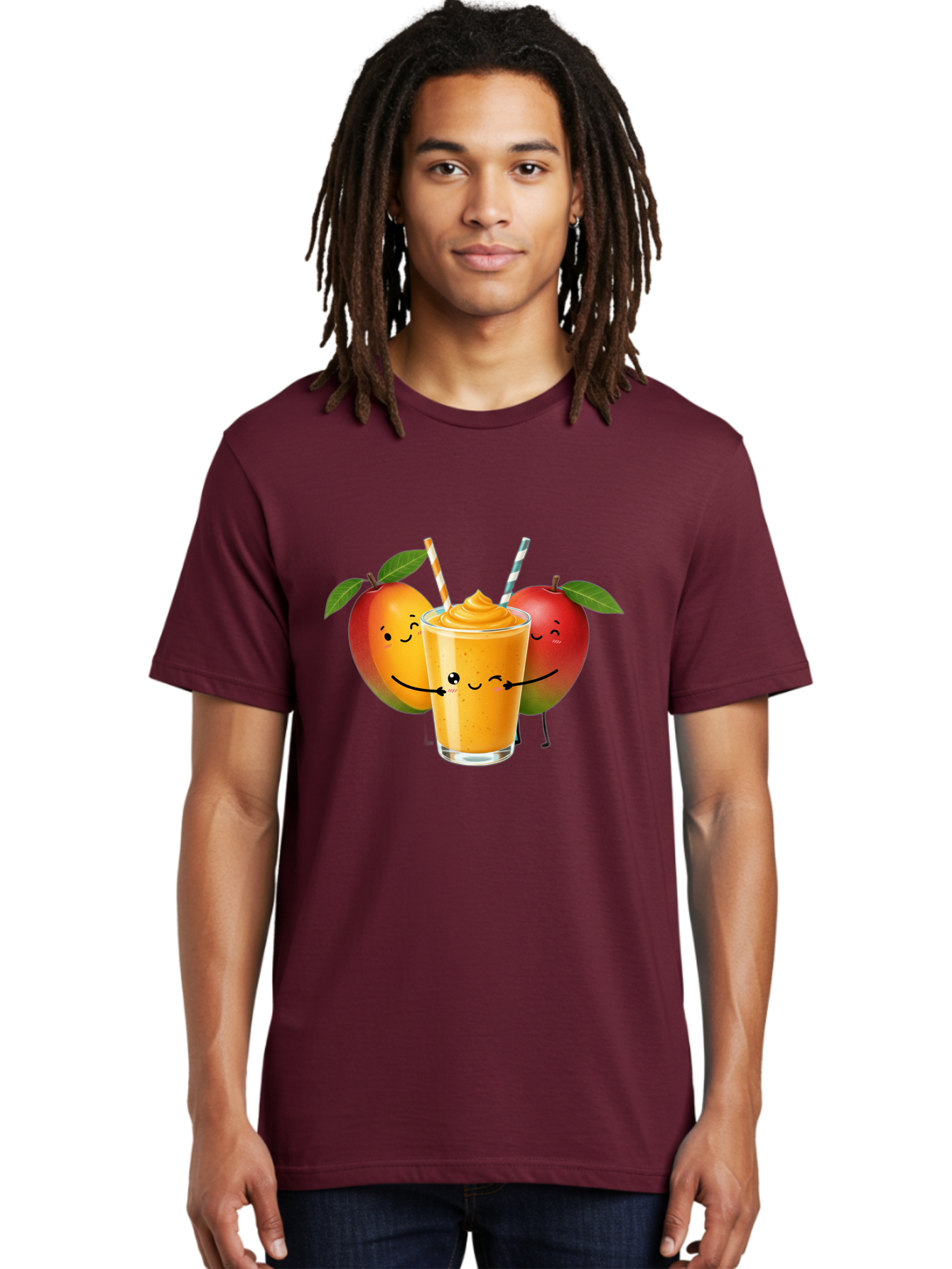 Mango-Apple-Smoothie Men'S Graphic Tee, 100% Cotton, Comfortable Casual Summer Wear, Machine Washable, Mango Smoothie, Apple Characters, Orange Drink, Cartoon Style, Happy Fruits, Smiling Faces, Healthy Beverage, Refreshing Drink, Bac135