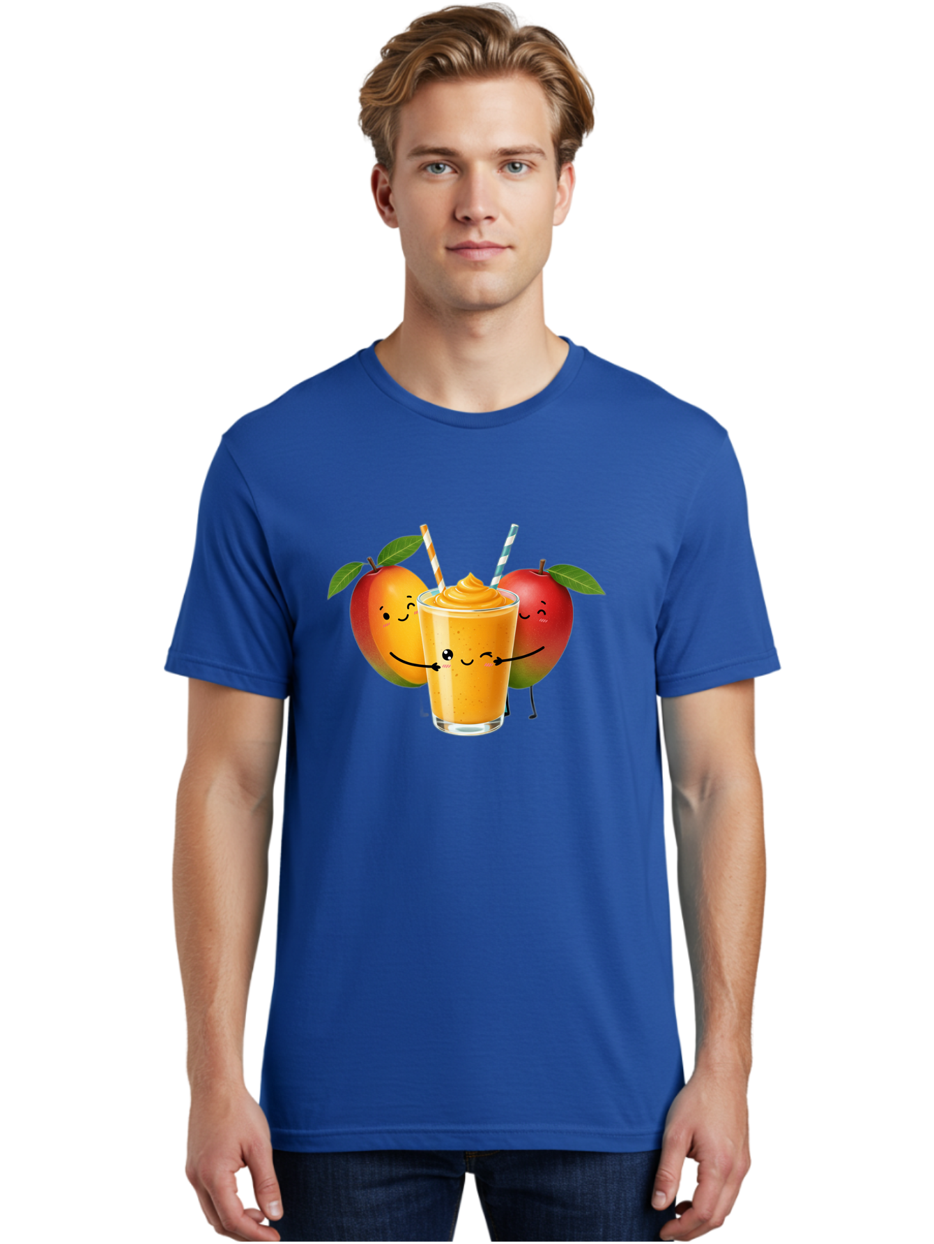 Mango-Apple-Smoothie Men'S Graphic Tee, 100% Cotton, Comfortable Casual Summer Wear, Machine Washable, Mango Smoothie, Apple Characters, Orange Drink, Cartoon Style, Happy Fruits, Smiling Faces, Healthy Beverage, Refreshing Drink, Bac135