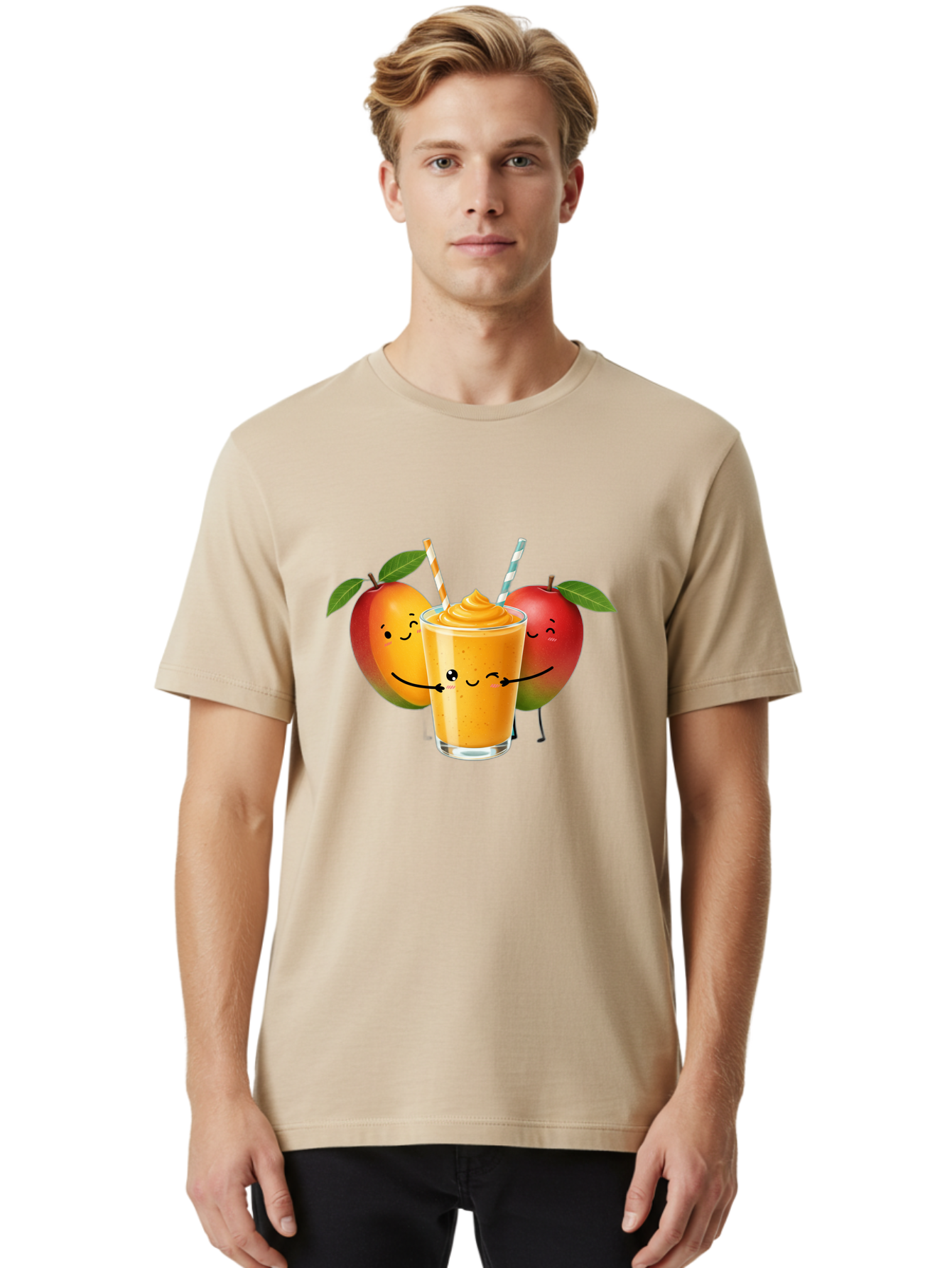 Mango-Apple-Smoothie Men'S Graphic Tee, 100% Cotton, Comfortable Casual Summer Wear, Machine Washable, Mango Smoothie, Apple Characters, Orange Drink, Cartoon Style, Happy Fruits, Smiling Faces, Healthy Beverage, Refreshing Drink, Bac135