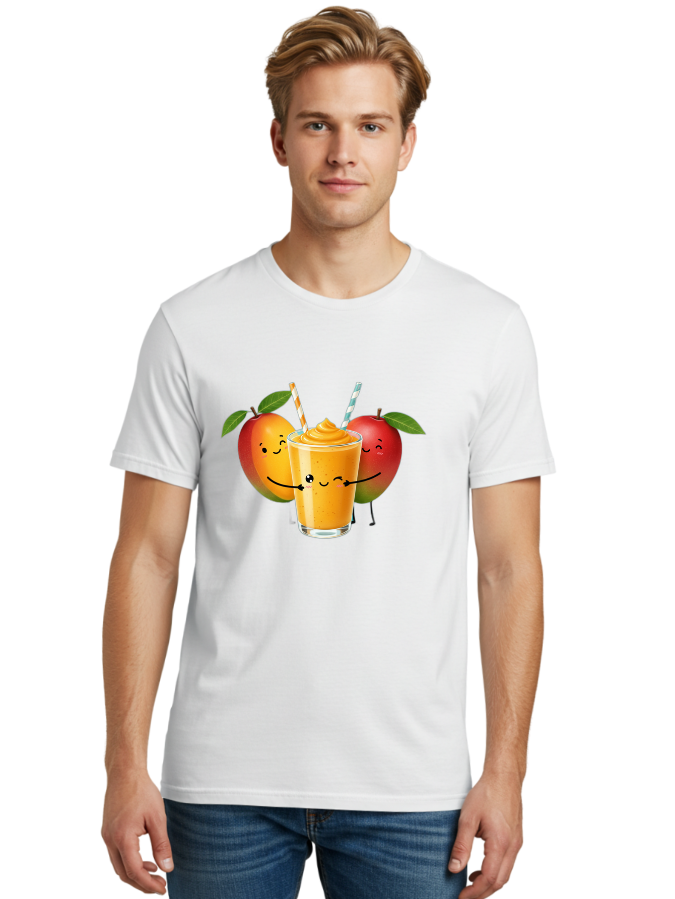 Mango-Apple-Smoothie Men'S Graphic Tee, 100% Cotton, Comfortable Casual Summer Wear, Machine Washable, Mango Smoothie, Apple Characters, Orange Drink, Cartoon Style, Happy Fruits, Smiling Faces, Healthy Beverage, Refreshing Drink, Bac135