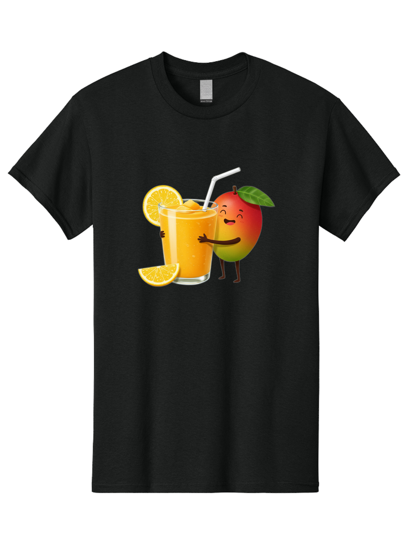Mango-Character-1 Men'S Graphic Tee, 100% Cotton, Comfortable Casual Summer Wear, Machine Washable, Cartoon Mango, Orange Juice, Happy Fruit, Smiling Character, Juice Glass, Orange Slices, Straw, Vibrant Colors, Playful Illustration, Bac136