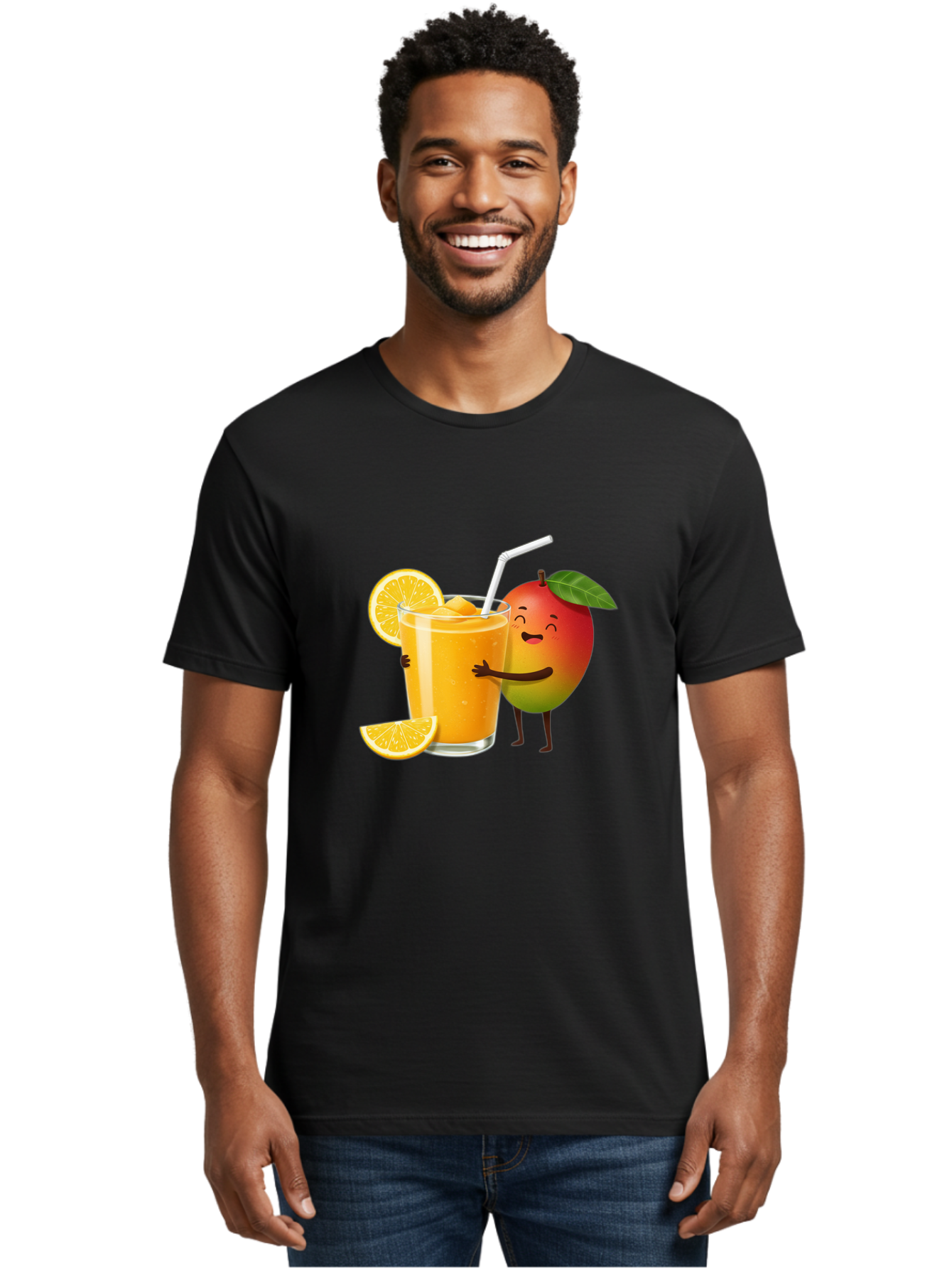Mango-Character-1 Men'S Graphic Tee, 100% Cotton, Comfortable Casual Summer Wear, Machine Washable, Cartoon Mango, Orange Juice, Happy Fruit, Smiling Character, Juice Glass, Orange Slices, Straw, Vibrant Colors, Playful Illustration, Bac136