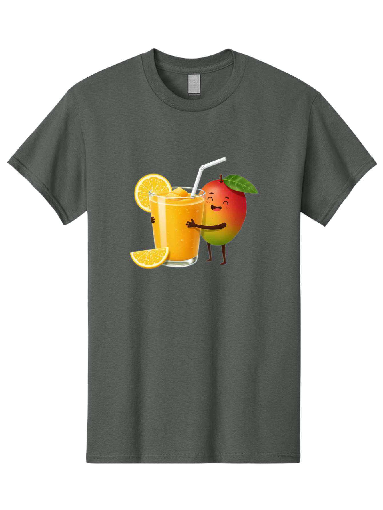 Mango-Character-1 Men'S Graphic Tee, 100% Cotton, Comfortable Casual Summer Wear, Machine Washable, Cartoon Mango, Orange Juice, Happy Fruit, Smiling Character, Juice Glass, Orange Slices, Straw, Vibrant Colors, Playful Illustration, Bac136