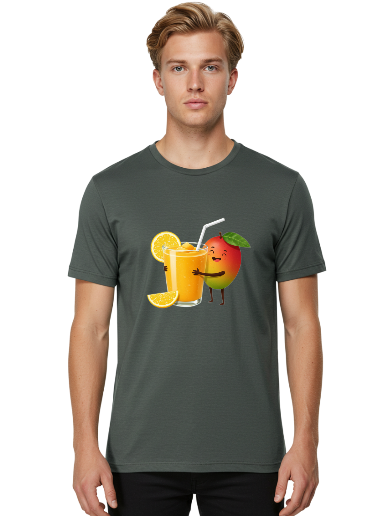 Mango-Character-1 Men'S Graphic Tee, 100% Cotton, Comfortable Casual Summer Wear, Machine Washable, Cartoon Mango, Orange Juice, Happy Fruit, Smiling Character, Juice Glass, Orange Slices, Straw, Vibrant Colors, Playful Illustration, Bac136