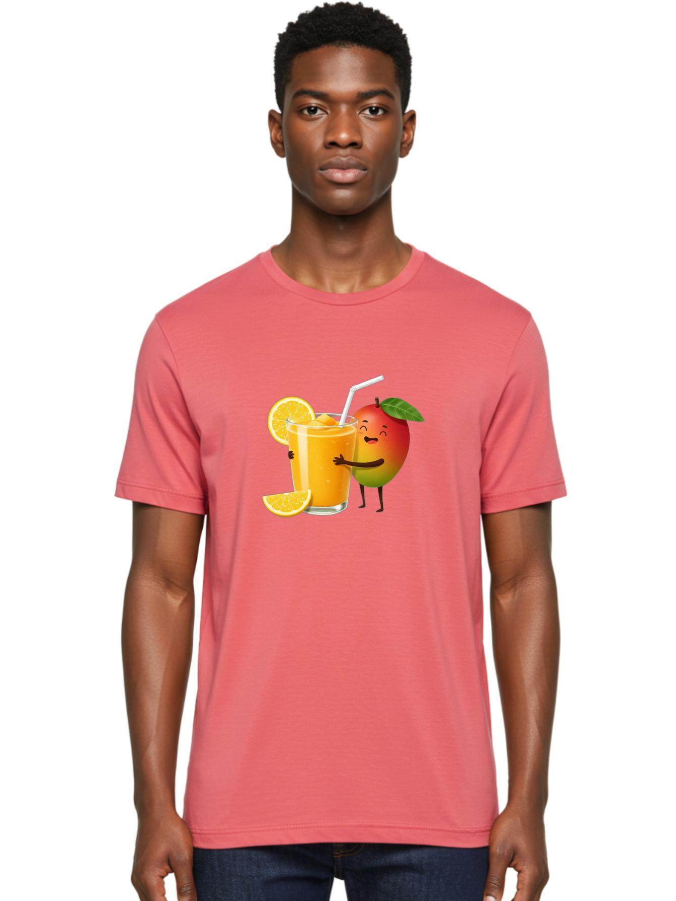 Mango-Character-1 Men'S Graphic Tee, 100% Cotton, Comfortable Casual Summer Wear, Machine Washable, Cartoon Mango, Orange Juice, Happy Fruit, Smiling Character, Juice Glass, Orange Slices, Straw, Vibrant Colors, Playful Illustration, Bac136