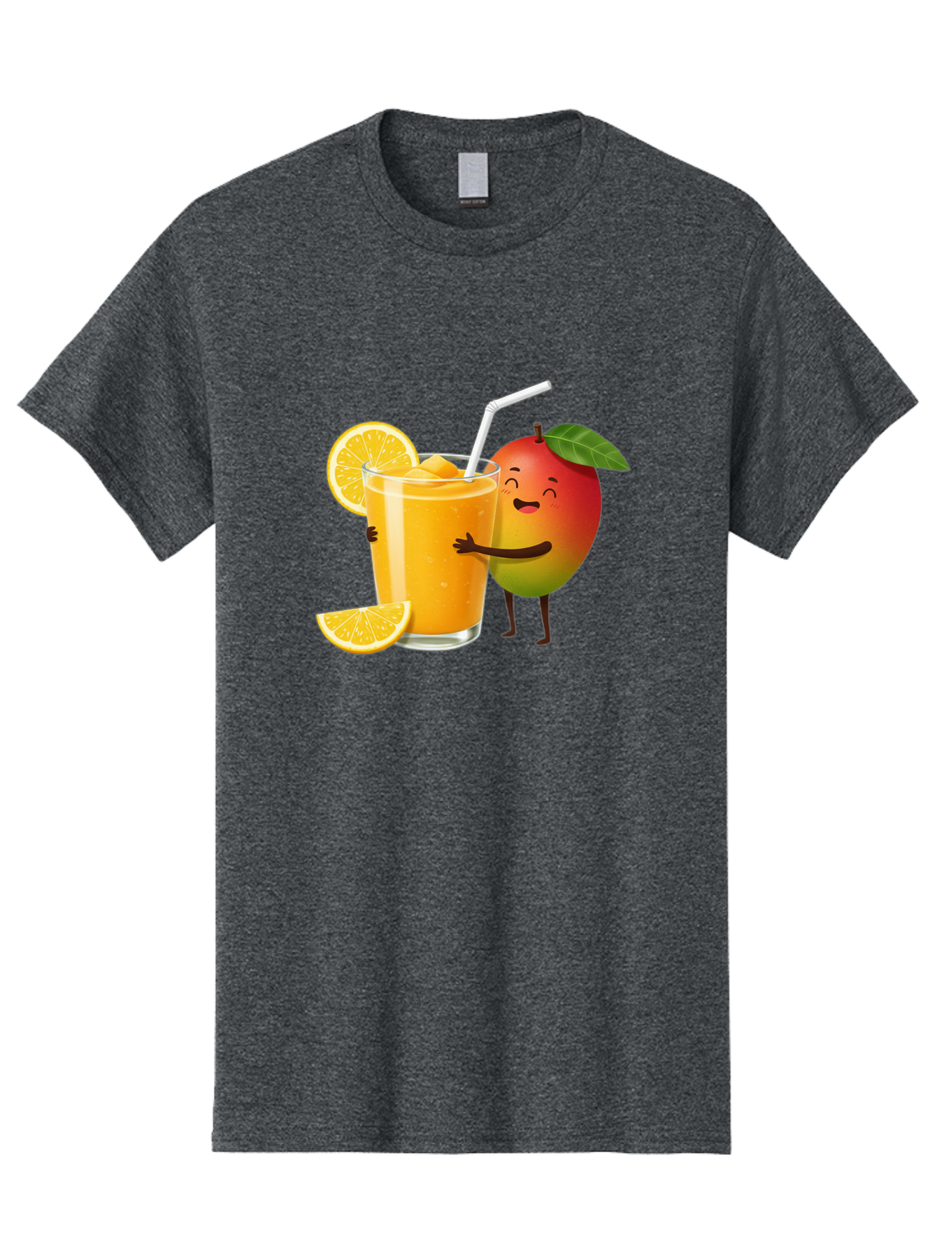Mango-Character-1 Men'S Graphic Tee, 100% Cotton, Comfortable Casual Summer Wear, Machine Washable, Cartoon Mango, Orange Juice, Happy Fruit, Smiling Character, Juice Glass, Orange Slices, Straw, Vibrant Colors, Playful Illustration, Bac136