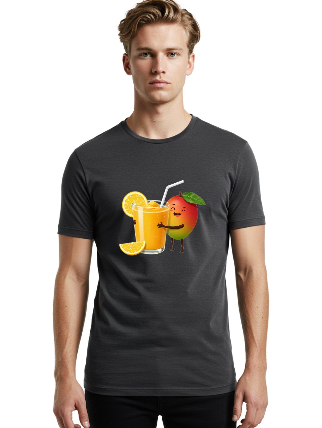 Mango-Character-1 Men'S Graphic Tee, 100% Cotton, Comfortable Casual Summer Wear, Machine Washable, Cartoon Mango, Orange Juice, Happy Fruit, Smiling Character, Juice Glass, Orange Slices, Straw, Vibrant Colors, Playful Illustration, Bac136