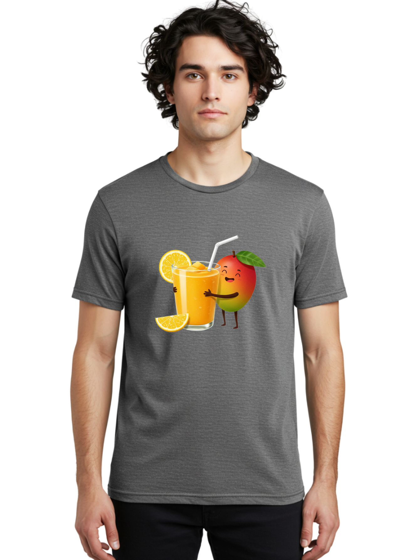 Mango-Character-1 Men'S Graphic Tee, 100% Cotton, Comfortable Casual Summer Wear, Machine Washable, Cartoon Mango, Orange Juice, Happy Fruit, Smiling Character, Juice Glass, Orange Slices, Straw, Vibrant Colors, Playful Illustration, Bac136