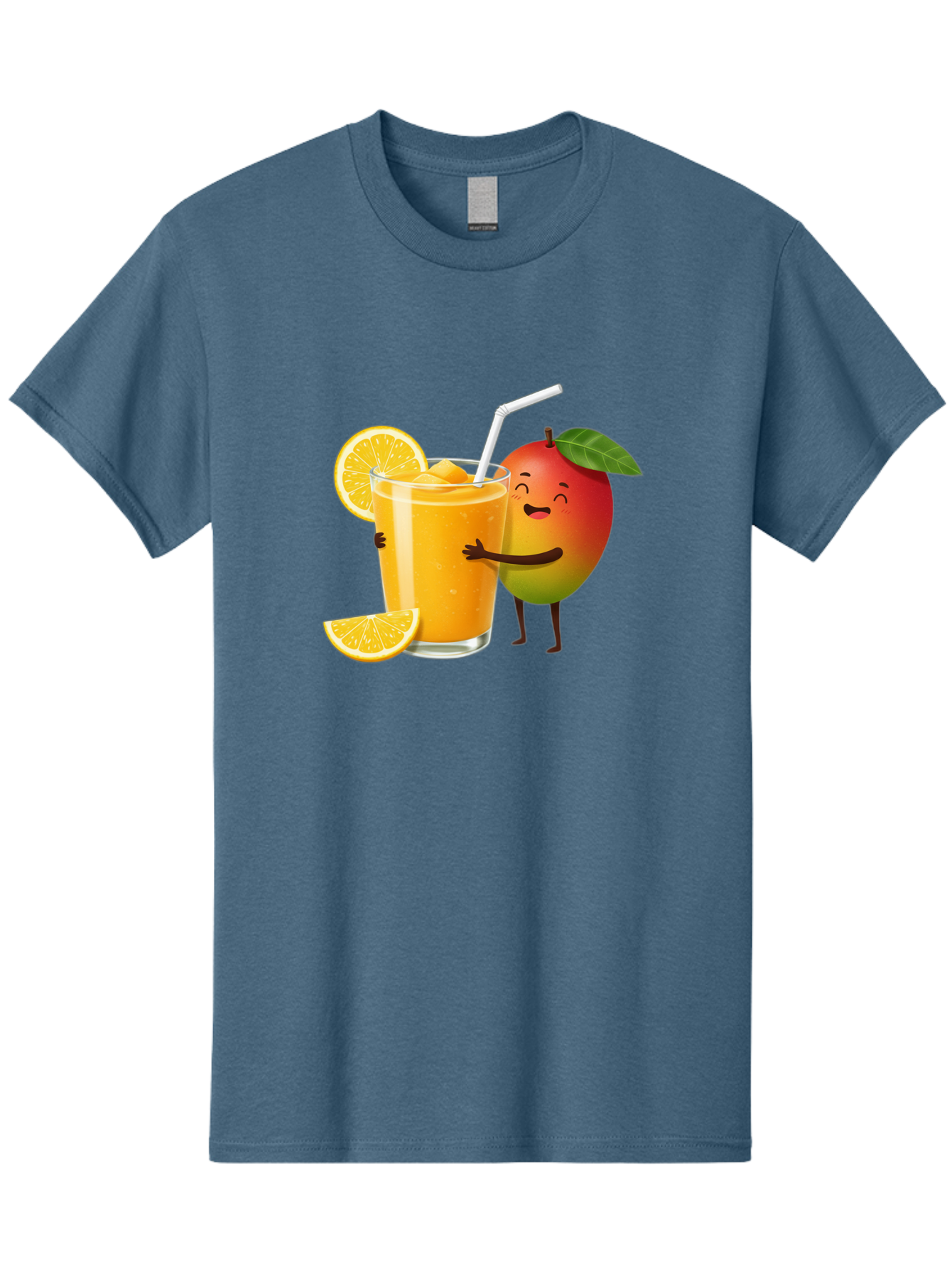 Mango-Character-1 Men'S Graphic Tee, 100% Cotton, Comfortable Casual Summer Wear, Machine Washable, Cartoon Mango, Orange Juice, Happy Fruit, Smiling Character, Juice Glass, Orange Slices, Straw, Vibrant Colors, Playful Illustration, Bac136