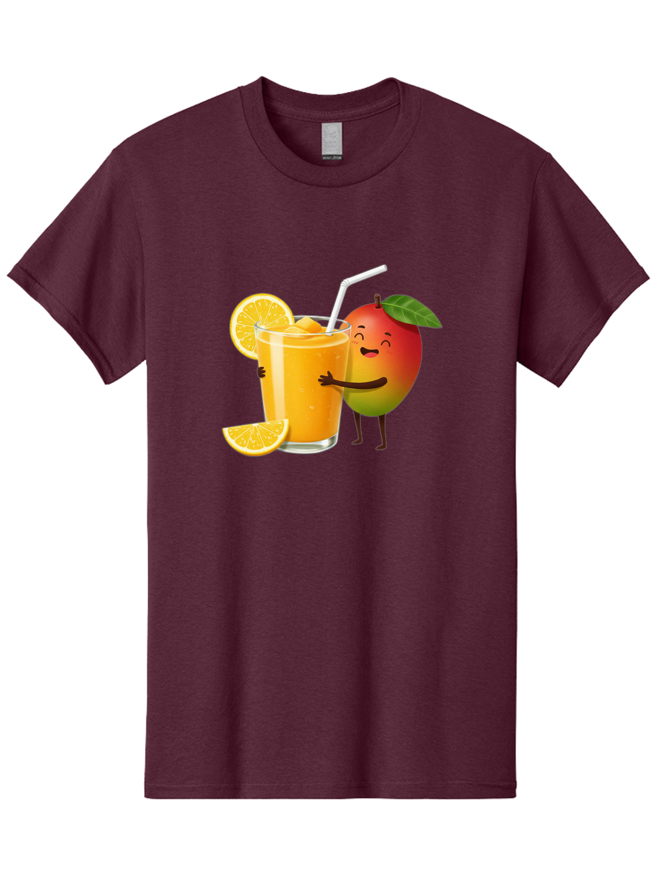 Mango-Character-1 Men'S Graphic Tee, 100% Cotton, Comfortable Casual Summer Wear, Machine Washable, Cartoon Mango, Orange Juice, Happy Fruit, Smiling Character, Juice Glass, Orange Slices, Straw, Vibrant Colors, Playful Illustration, Bac136