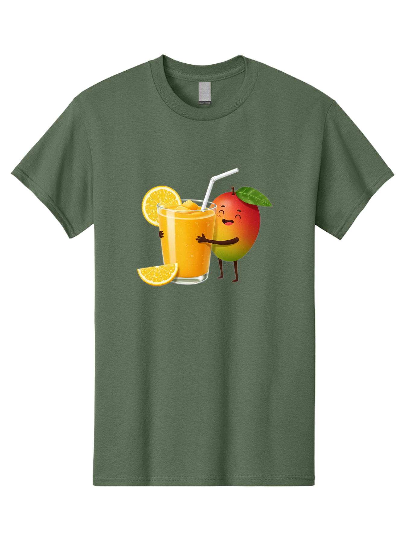 Mango-Character-1 Men'S Graphic Tee, 100% Cotton, Comfortable Casual Summer Wear, Machine Washable, Cartoon Mango, Orange Juice, Happy Fruit, Smiling Character, Juice Glass, Orange Slices, Straw, Vibrant Colors, Playful Illustration, Bac136