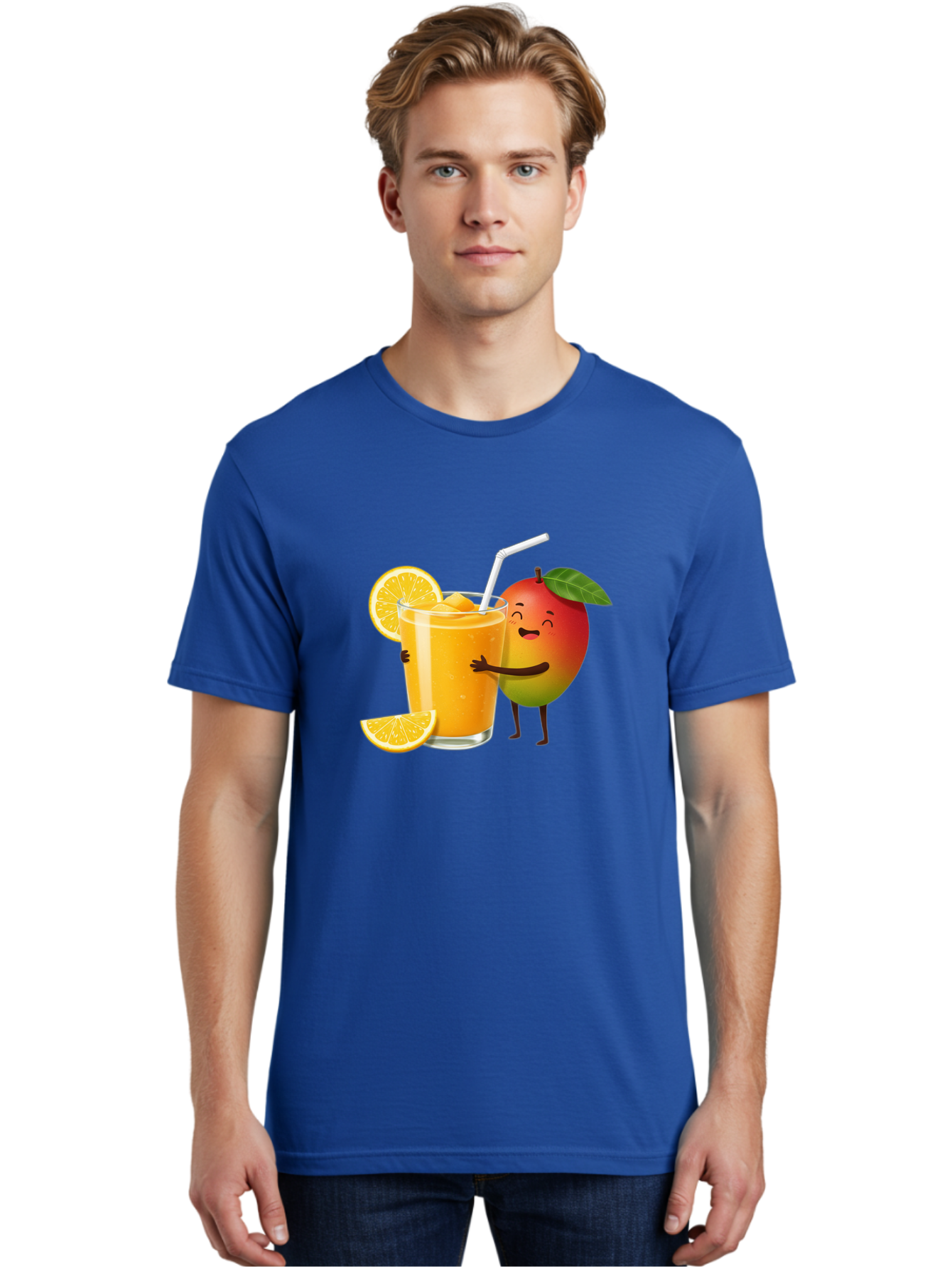 Mango-Character-1 Men'S Graphic Tee, 100% Cotton, Comfortable Casual Summer Wear, Machine Washable, Cartoon Mango, Orange Juice, Happy Fruit, Smiling Character, Juice Glass, Orange Slices, Straw, Vibrant Colors, Playful Illustration, Bac136