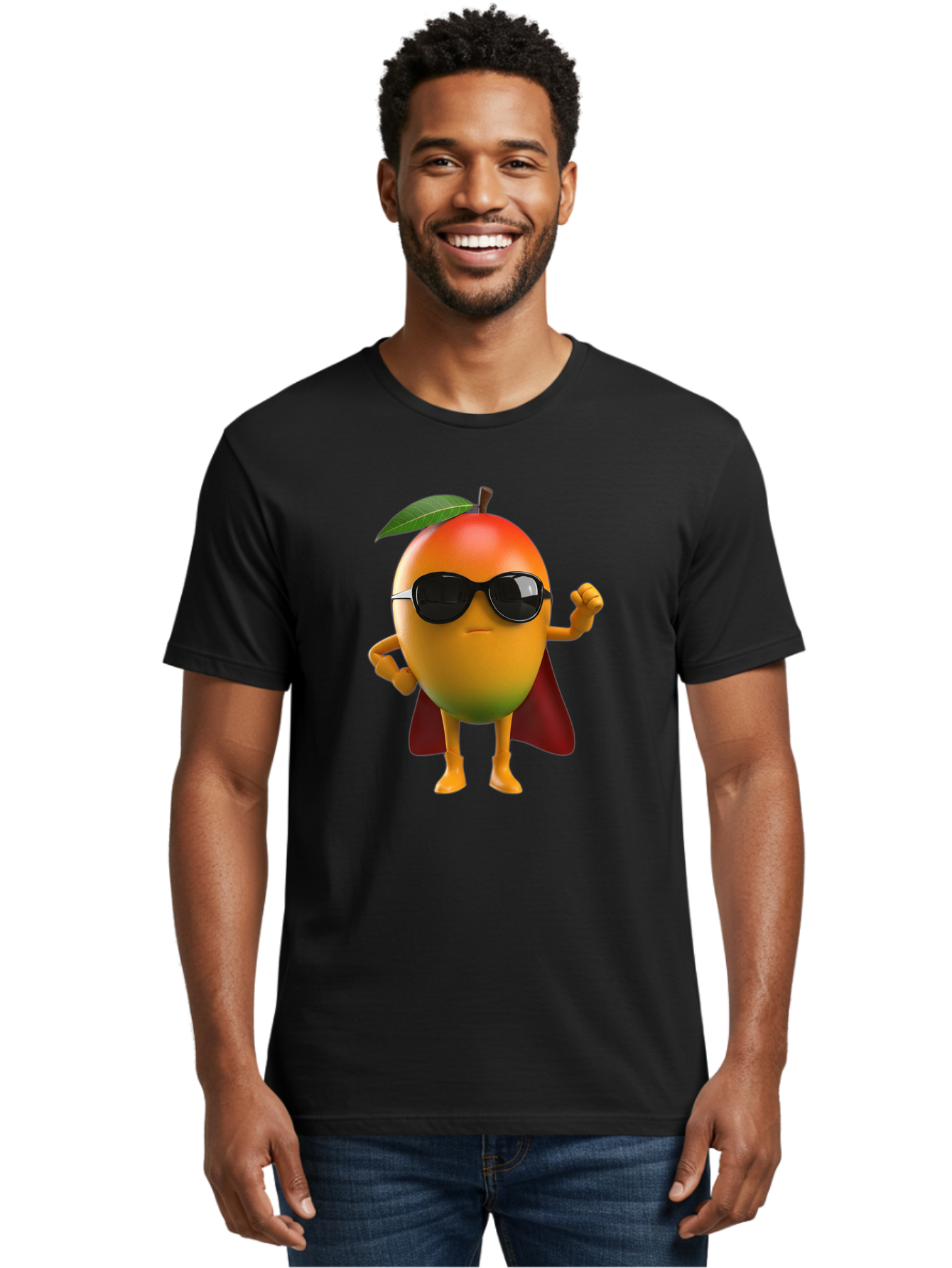 Mango-Character Men'S Graphic Tee, 100% Cotton, Comfortable Casual Summer Wear, Machine Washable, Cartoon Mango Character, Superhero Pose, Sunglasses, Red Cape, Yellow Fruit, Funny Character, Animated Character, Vibrant Colors, Bac137
