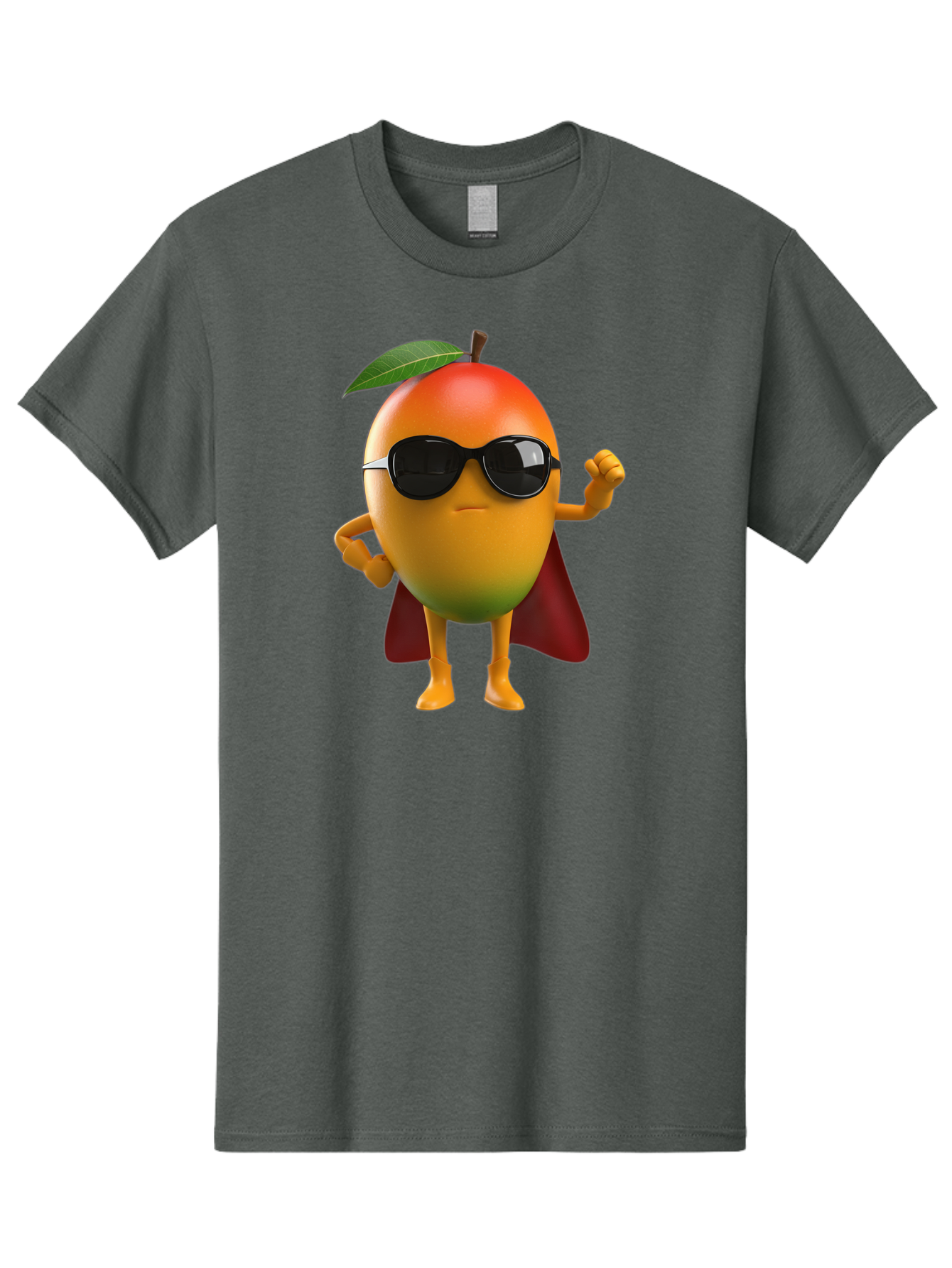 Mango-Character Men'S Graphic Tee, 100% Cotton, Comfortable Casual Summer Wear, Machine Washable, Cartoon Mango Character, Superhero Pose, Sunglasses, Red Cape, Yellow Fruit, Funny Character, Animated Character, Vibrant Colors, Bac137
