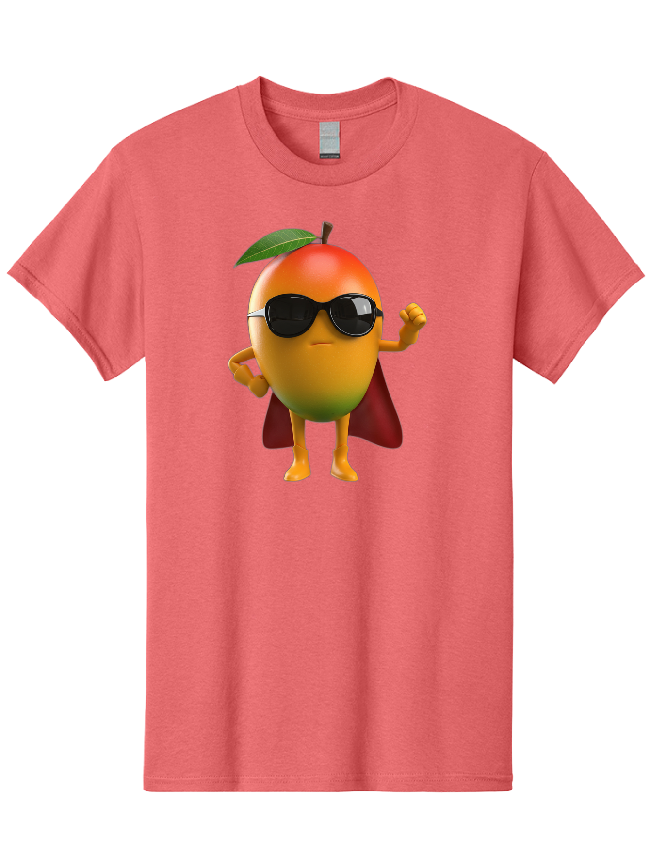 Mango-Character Men'S Graphic Tee, 100% Cotton, Comfortable Casual Summer Wear, Machine Washable, Cartoon Mango Character, Superhero Pose, Sunglasses, Red Cape, Yellow Fruit, Funny Character, Animated Character, Vibrant Colors, Bac137