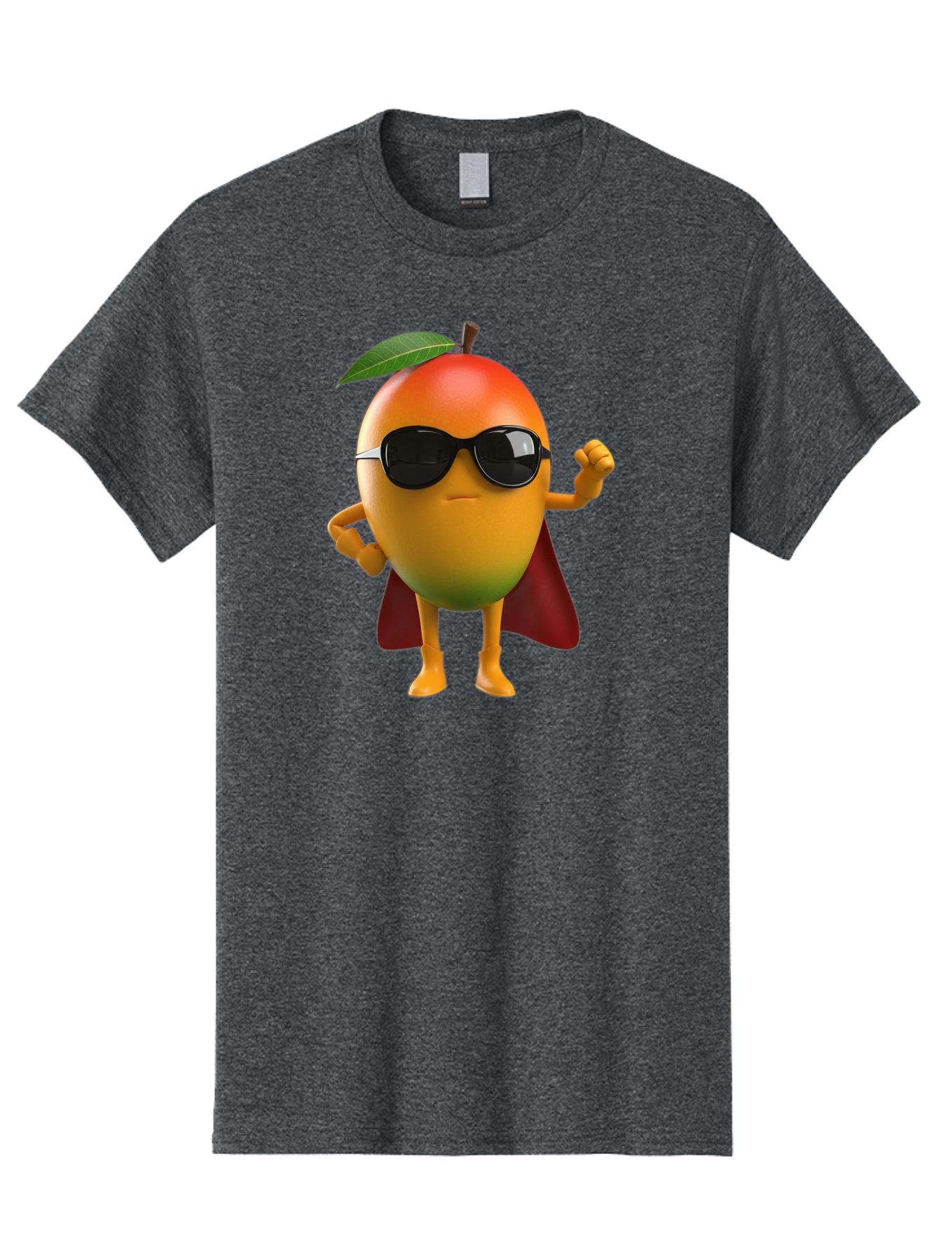 Mango-Character Men'S Graphic Tee, 100% Cotton, Comfortable Casual Summer Wear, Machine Washable, Cartoon Mango Character, Superhero Pose, Sunglasses, Red Cape, Yellow Fruit, Funny Character, Animated Character, Vibrant Colors, Bac137