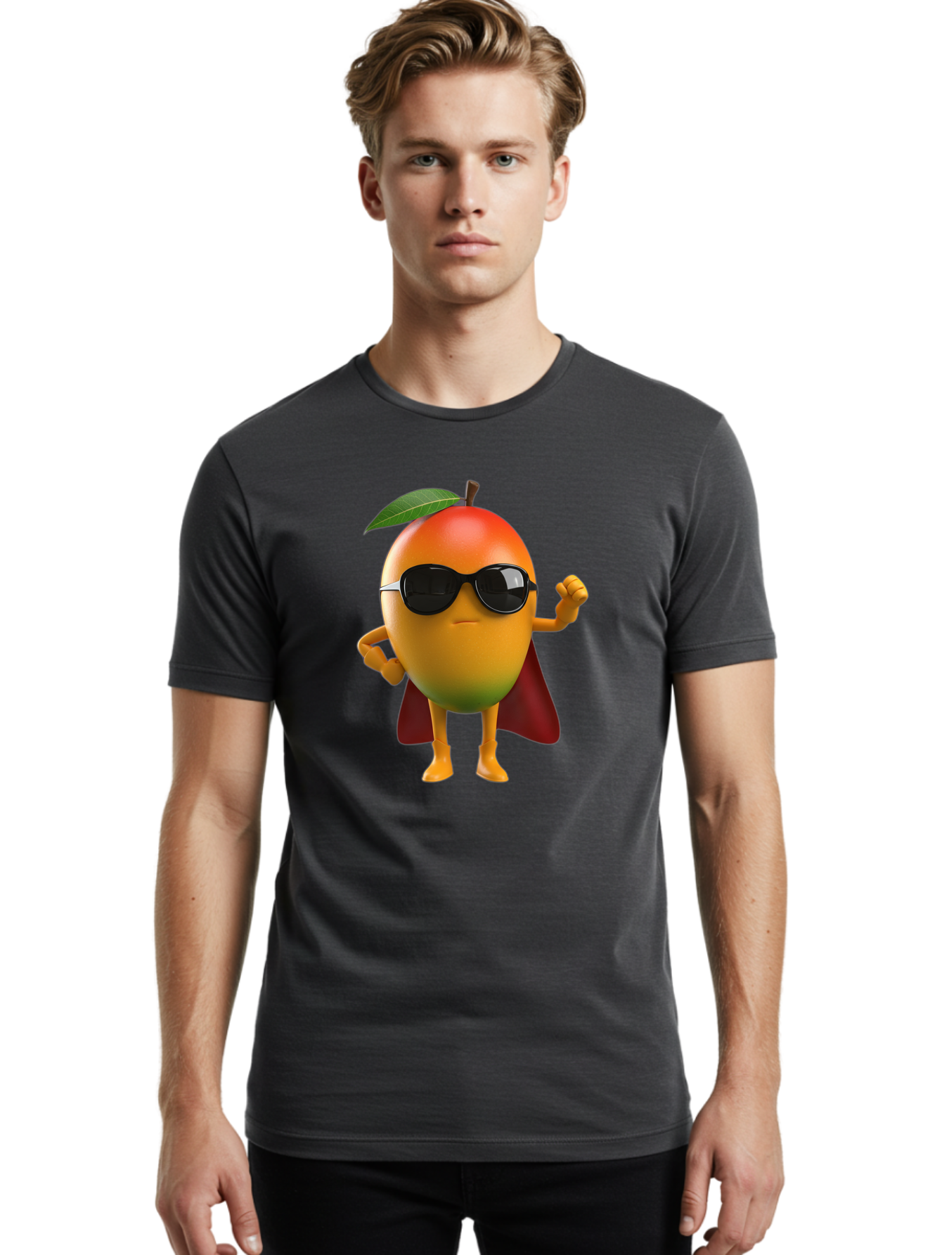 Mango-Character Men'S Graphic Tee, 100% Cotton, Comfortable Casual Summer Wear, Machine Washable, Cartoon Mango Character, Superhero Pose, Sunglasses, Red Cape, Yellow Fruit, Funny Character, Animated Character, Vibrant Colors, Bac137