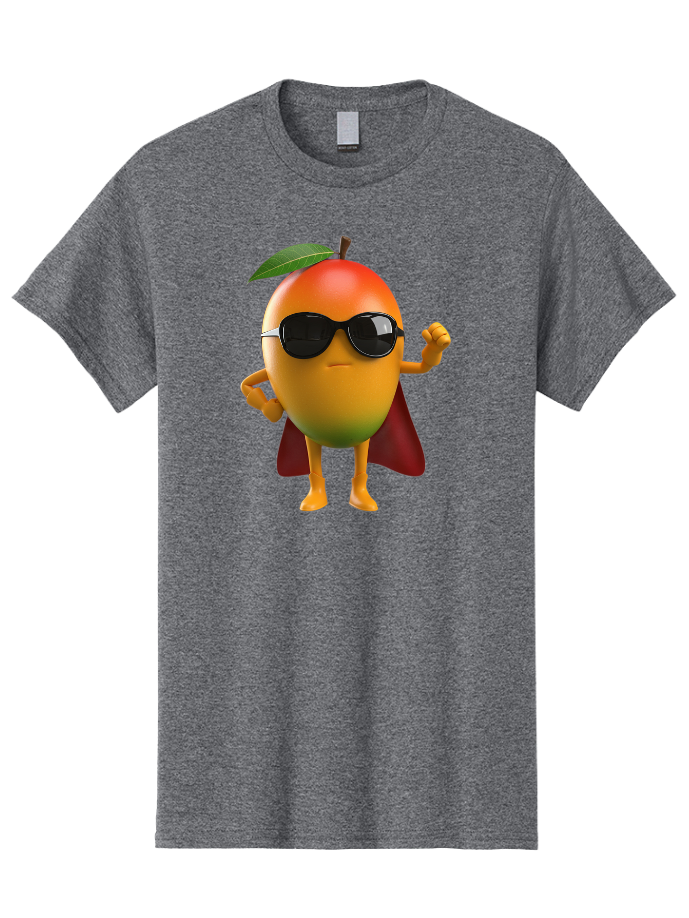 Mango-Character Men'S Graphic Tee, 100% Cotton, Comfortable Casual Summer Wear, Machine Washable, Cartoon Mango Character, Superhero Pose, Sunglasses, Red Cape, Yellow Fruit, Funny Character, Animated Character, Vibrant Colors, Bac137