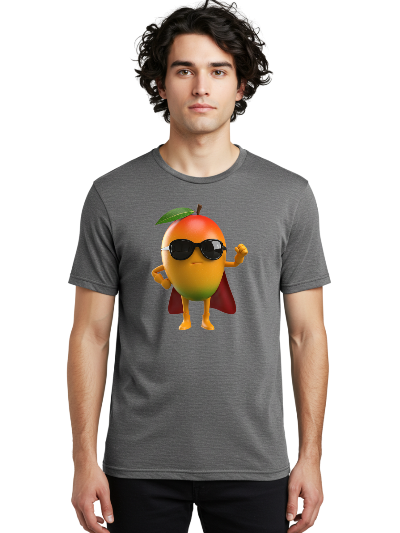 Mango-Character Men'S Graphic Tee, 100% Cotton, Comfortable Casual Summer Wear, Machine Washable, Cartoon Mango Character, Superhero Pose, Sunglasses, Red Cape, Yellow Fruit, Funny Character, Animated Character, Vibrant Colors, Bac137