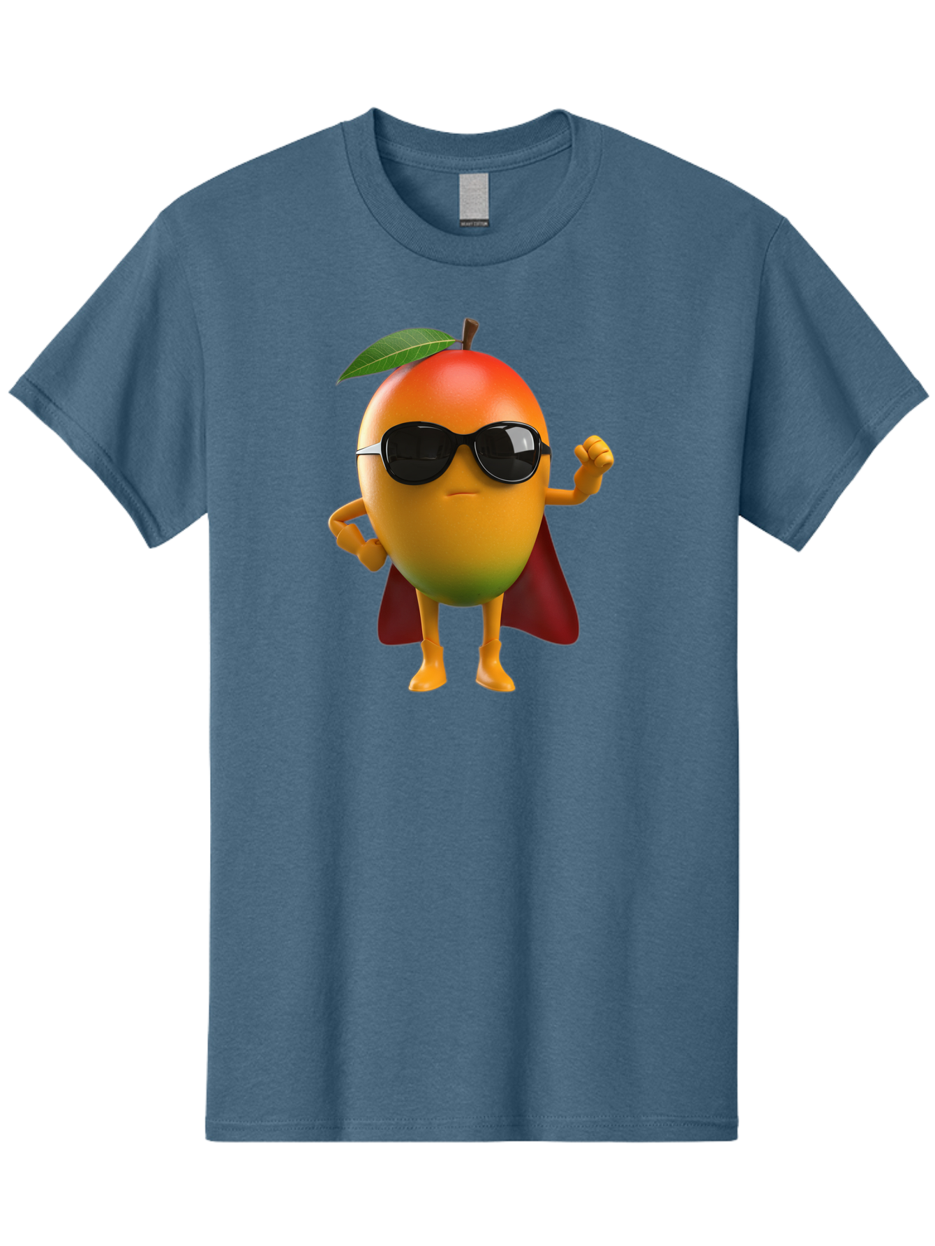Mango-Character Men'S Graphic Tee, 100% Cotton, Comfortable Casual Summer Wear, Machine Washable, Cartoon Mango Character, Superhero Pose, Sunglasses, Red Cape, Yellow Fruit, Funny Character, Animated Character, Vibrant Colors, Bac137
