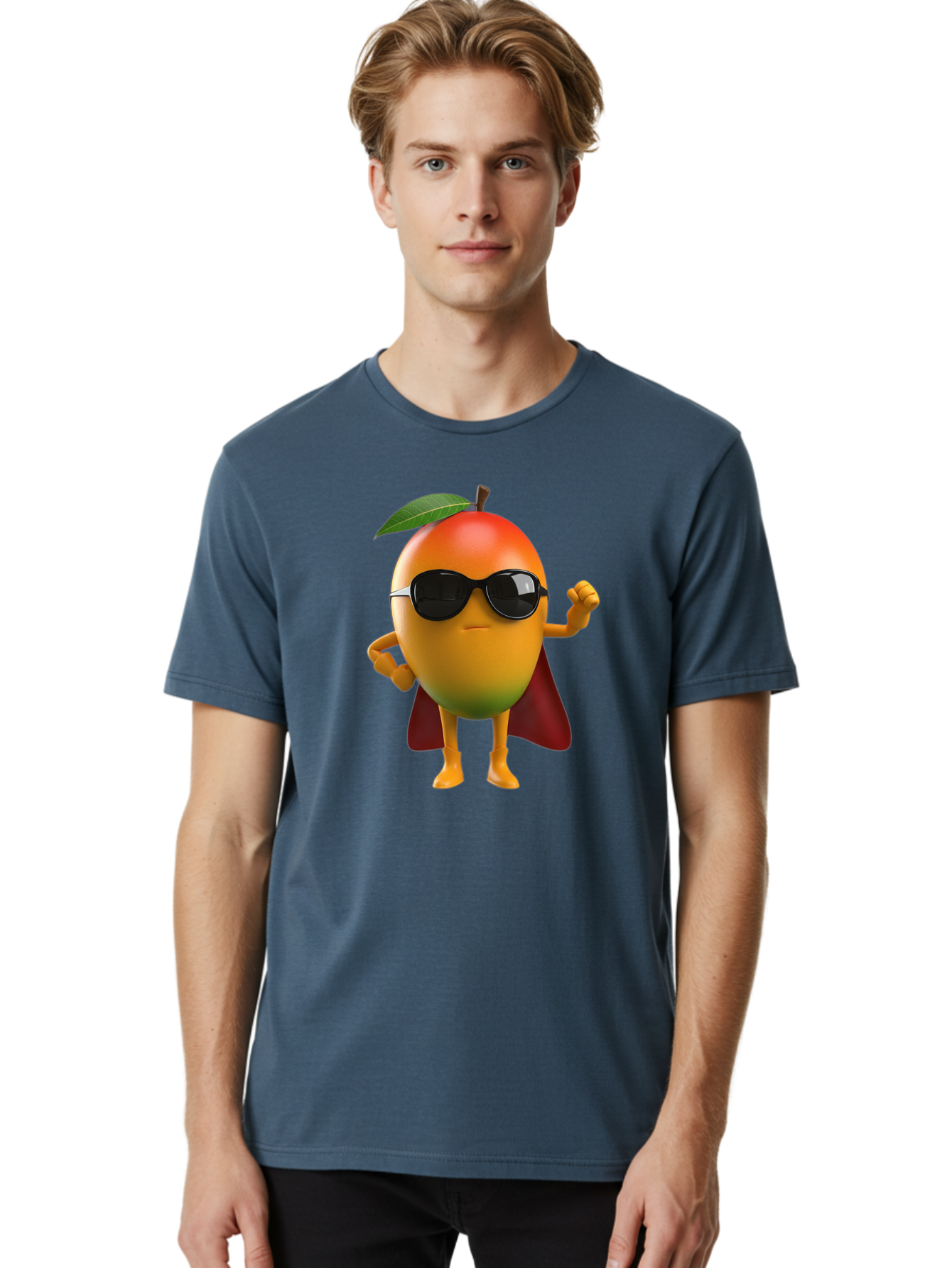 Mango-Character Men'S Graphic Tee, 100% Cotton, Comfortable Casual Summer Wear, Machine Washable, Cartoon Mango Character, Superhero Pose, Sunglasses, Red Cape, Yellow Fruit, Funny Character, Animated Character, Vibrant Colors, Bac137