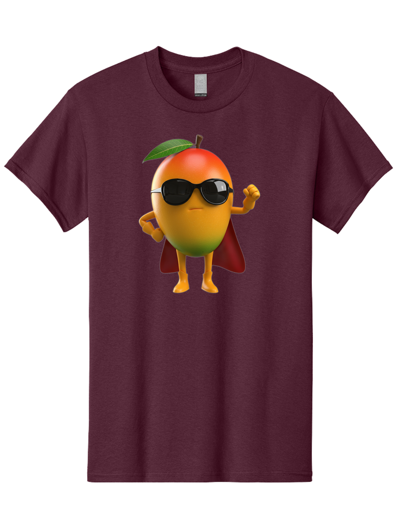 Mango-Character Men'S Graphic Tee, 100% Cotton, Comfortable Casual Summer Wear, Machine Washable, Cartoon Mango Character, Superhero Pose, Sunglasses, Red Cape, Yellow Fruit, Funny Character, Animated Character, Vibrant Colors, Bac137