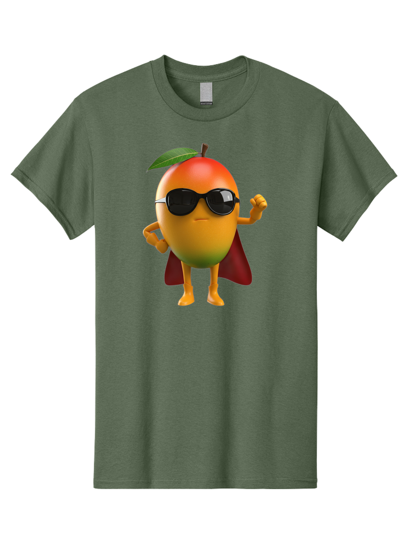 Mango-Character Men'S Graphic Tee, 100% Cotton, Comfortable Casual Summer Wear, Machine Washable, Cartoon Mango Character, Superhero Pose, Sunglasses, Red Cape, Yellow Fruit, Funny Character, Animated Character, Vibrant Colors, Bac137