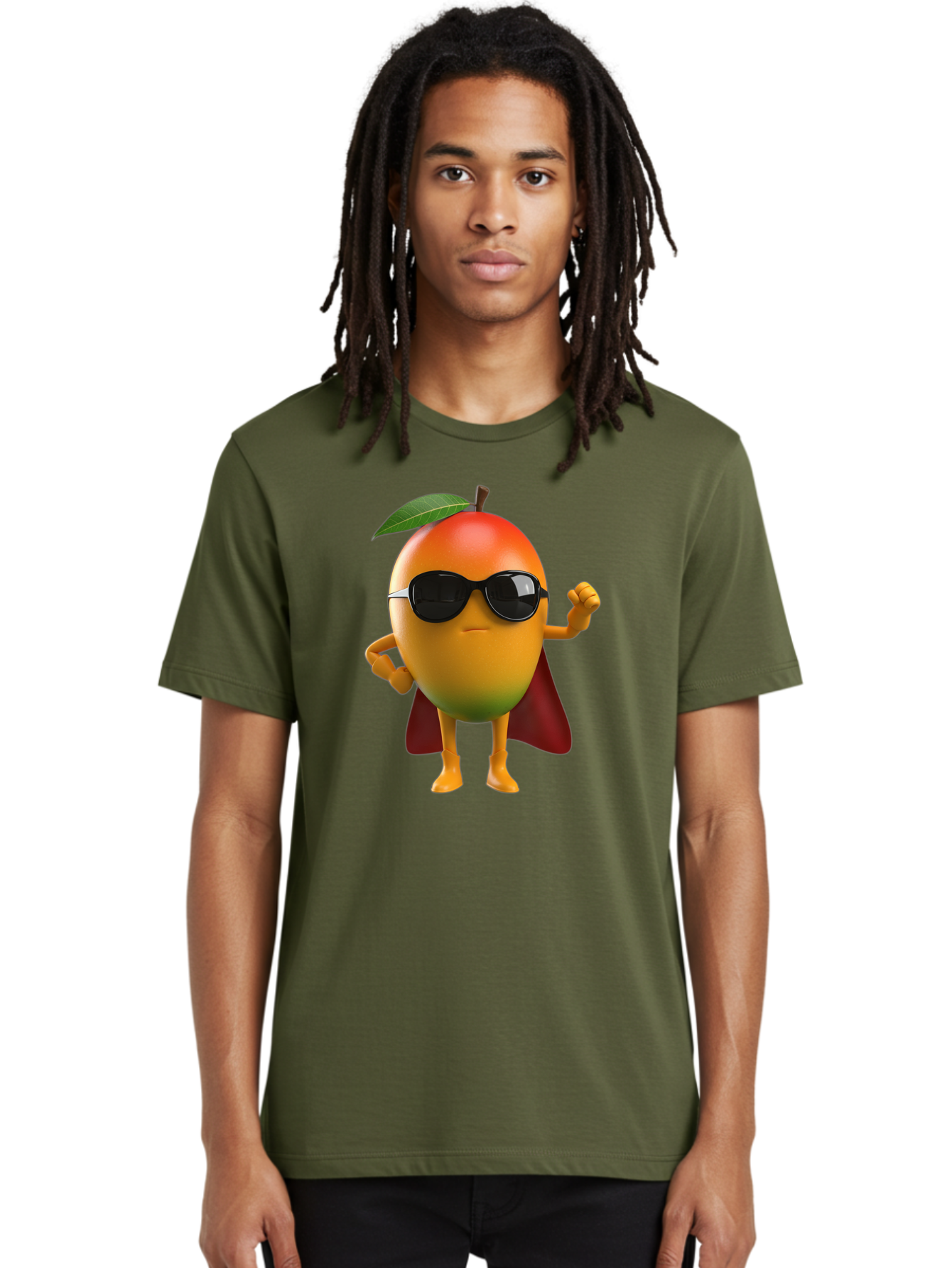 Mango-Character Men'S Graphic Tee, 100% Cotton, Comfortable Casual Summer Wear, Machine Washable, Cartoon Mango Character, Superhero Pose, Sunglasses, Red Cape, Yellow Fruit, Funny Character, Animated Character, Vibrant Colors, Bac137