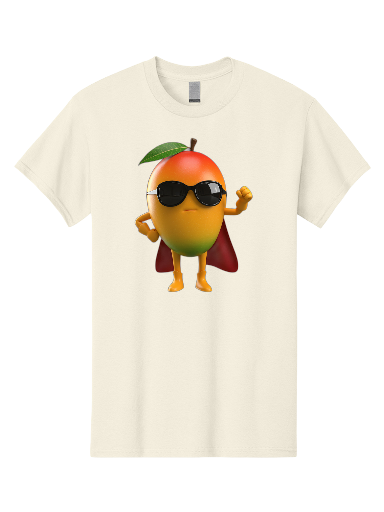 Mango-Character Men'S Graphic Tee, 100% Cotton, Comfortable Casual Summer Wear, Machine Washable, Cartoon Mango Character, Superhero Pose, Sunglasses, Red Cape, Yellow Fruit, Funny Character, Animated Character, Vibrant Colors, Bac137