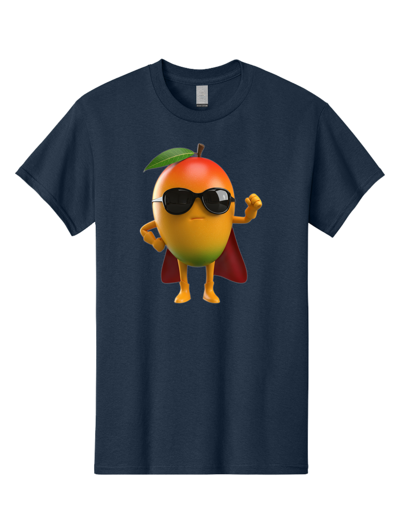 Mango-Character Men'S Graphic Tee, 100% Cotton, Comfortable Casual Summer Wear, Machine Washable, Cartoon Mango Character, Superhero Pose, Sunglasses, Red Cape, Yellow Fruit, Funny Character, Animated Character, Vibrant Colors, Bac137