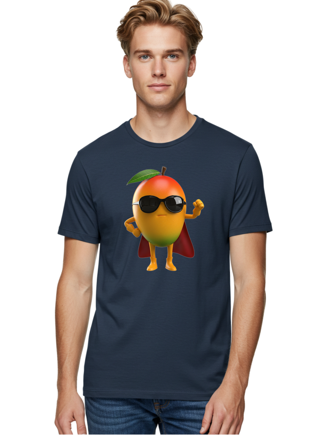 Mango-Character Men'S Graphic Tee, 100% Cotton, Comfortable Casual Summer Wear, Machine Washable, Cartoon Mango Character, Superhero Pose, Sunglasses, Red Cape, Yellow Fruit, Funny Character, Animated Character, Vibrant Colors, Bac137