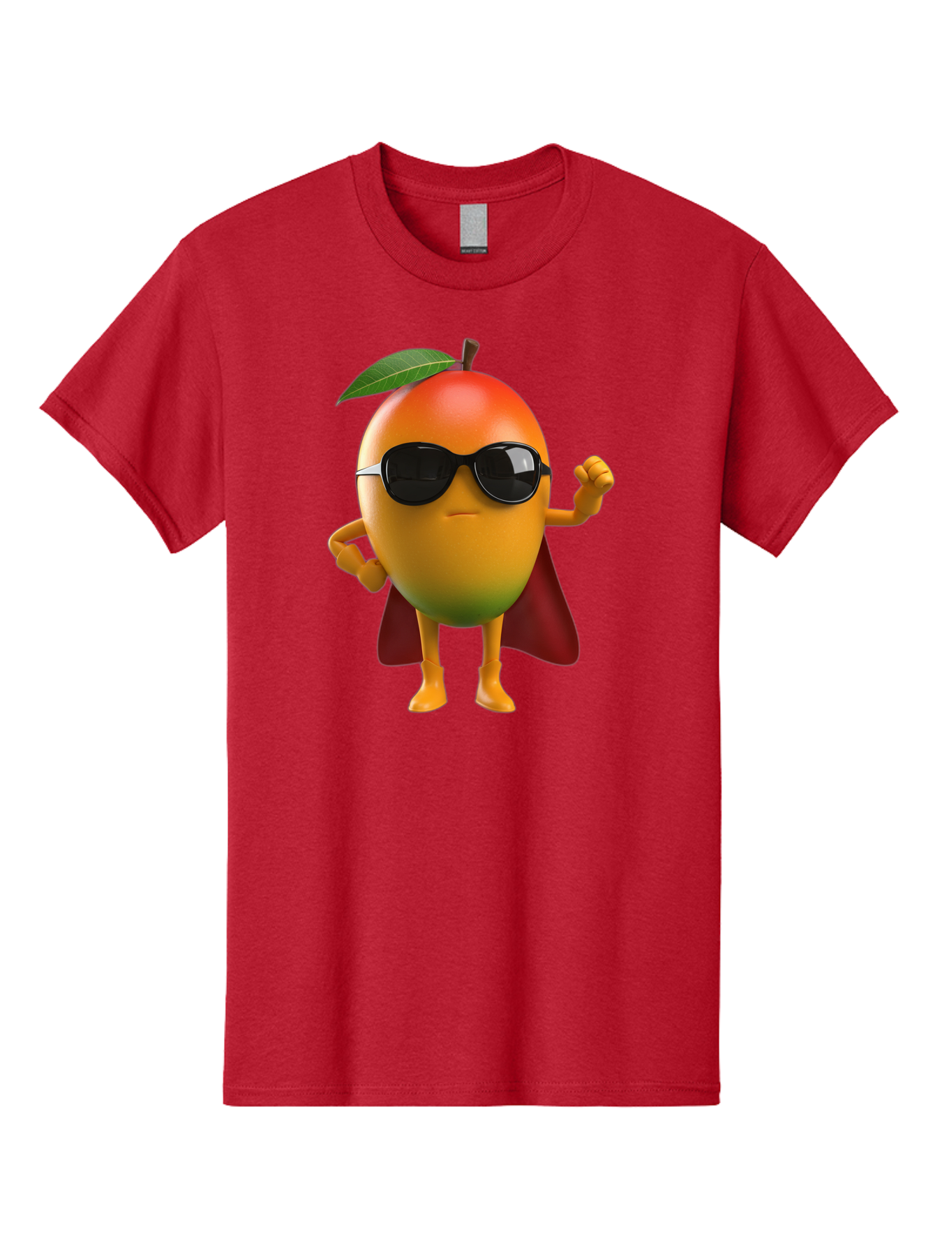 Mango-Character Men'S Graphic Tee, 100% Cotton, Comfortable Casual Summer Wear, Machine Washable, Cartoon Mango Character, Superhero Pose, Sunglasses, Red Cape, Yellow Fruit, Funny Character, Animated Character, Vibrant Colors, Bac137