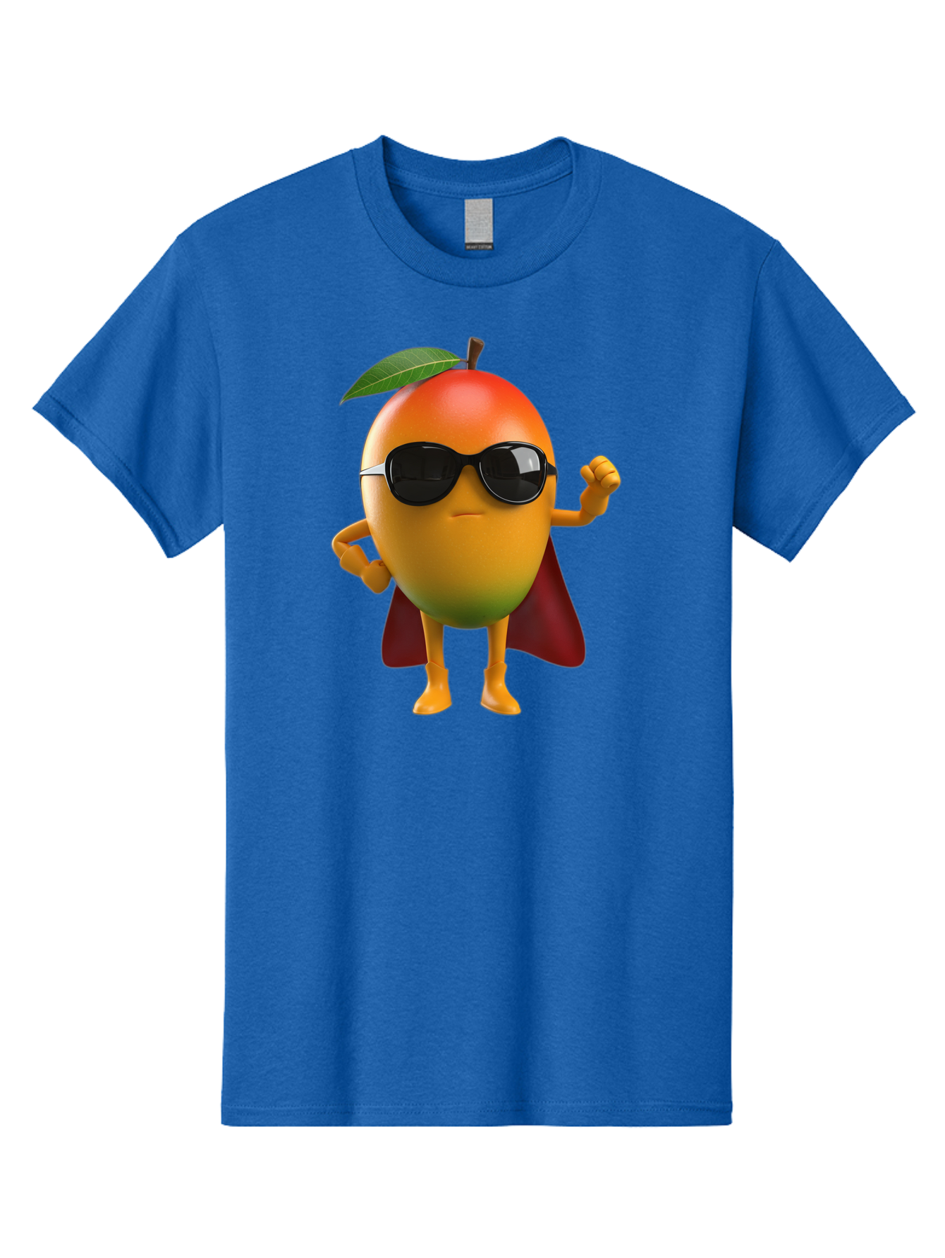 Mango-Character Men'S Graphic Tee, 100% Cotton, Comfortable Casual Summer Wear, Machine Washable, Cartoon Mango Character, Superhero Pose, Sunglasses, Red Cape, Yellow Fruit, Funny Character, Animated Character, Vibrant Colors, Bac137