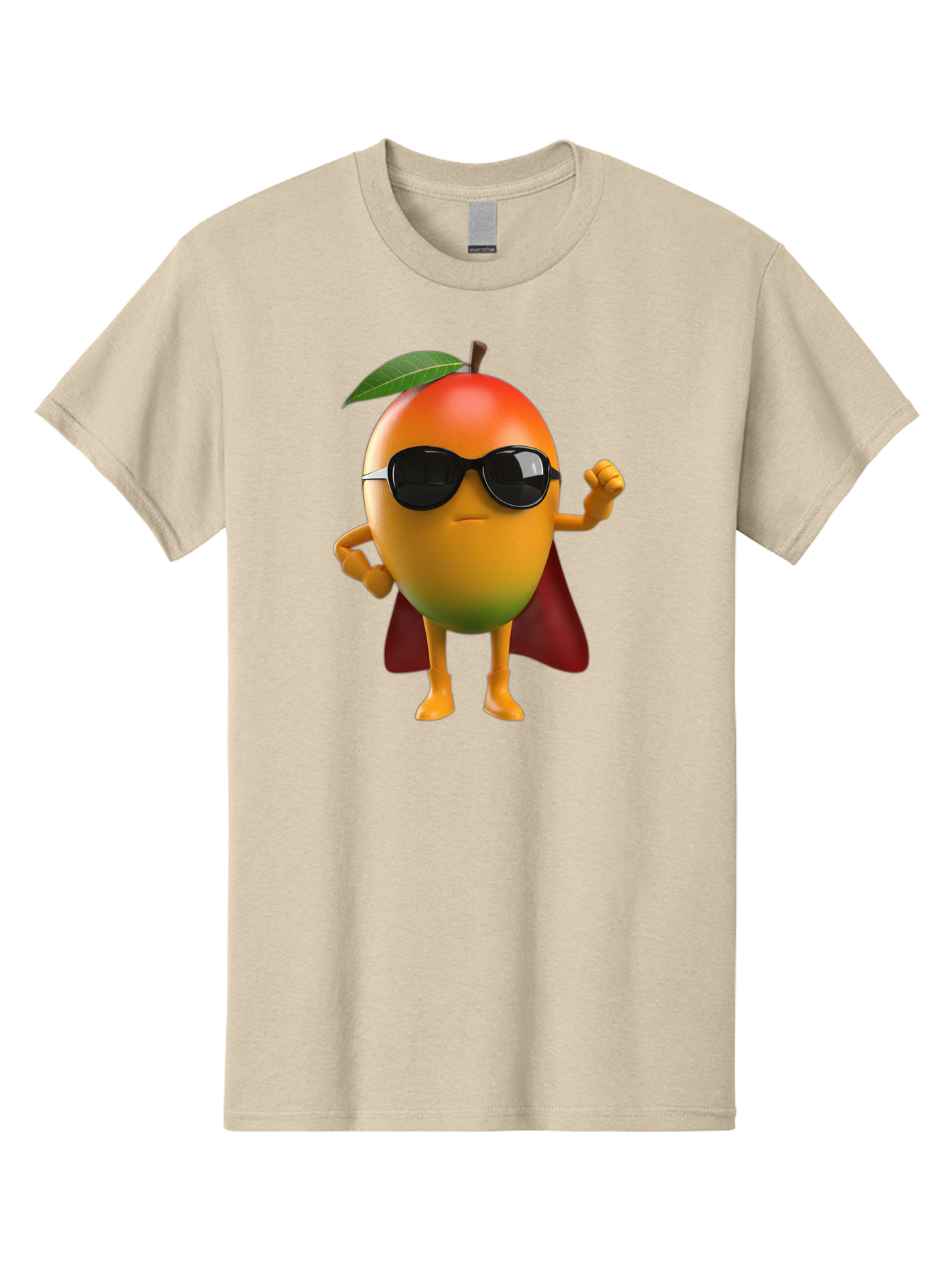 Mango-Character Men'S Graphic Tee, 100% Cotton, Comfortable Casual Summer Wear, Machine Washable, Cartoon Mango Character, Superhero Pose, Sunglasses, Red Cape, Yellow Fruit, Funny Character, Animated Character, Vibrant Colors, Bac137