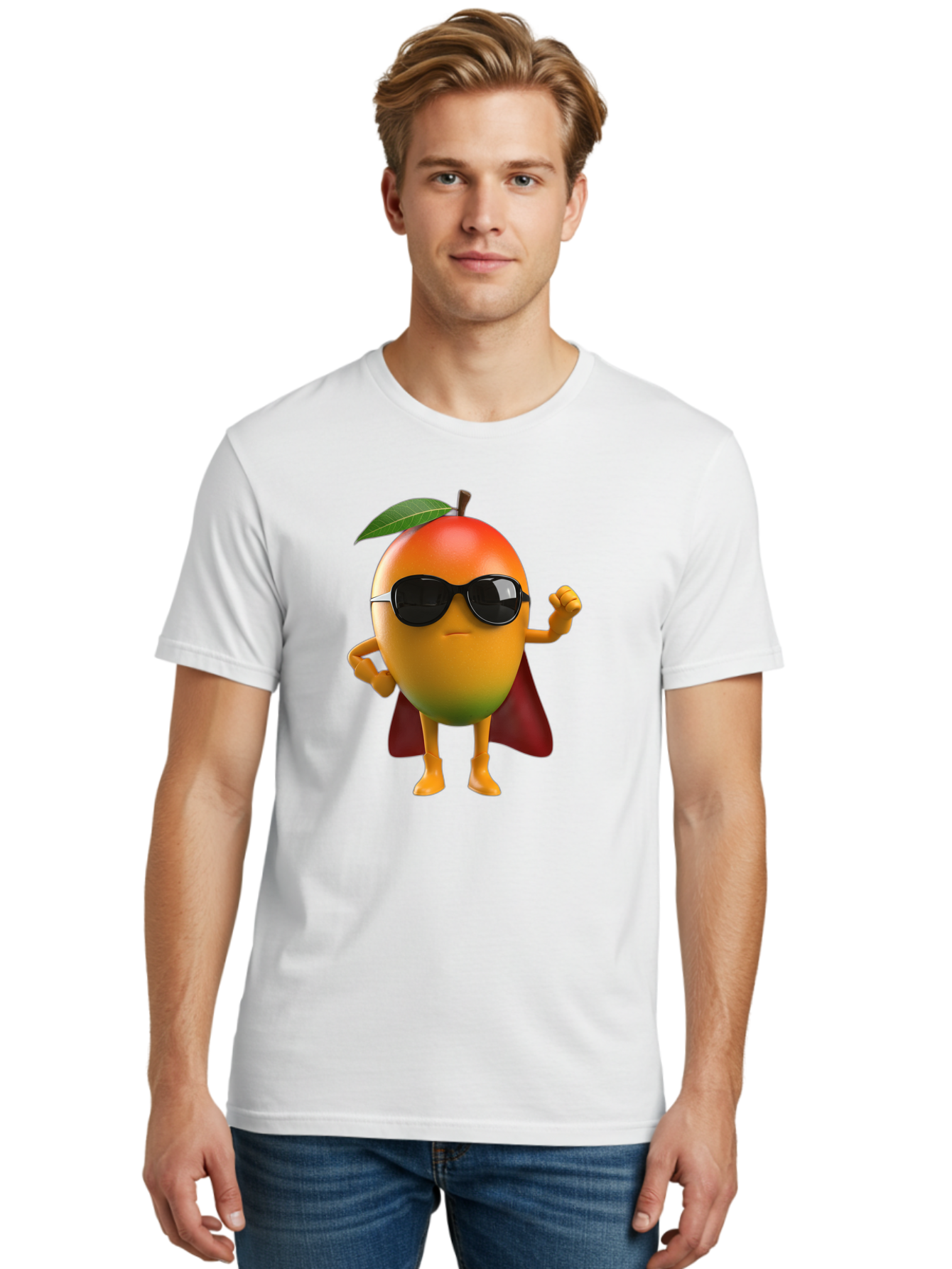 Mango-Character Men'S Graphic Tee, 100% Cotton, Comfortable Casual Summer Wear, Machine Washable, Cartoon Mango Character, Superhero Pose, Sunglasses, Red Cape, Yellow Fruit, Funny Character, Animated Character, Vibrant Colors, Bac137