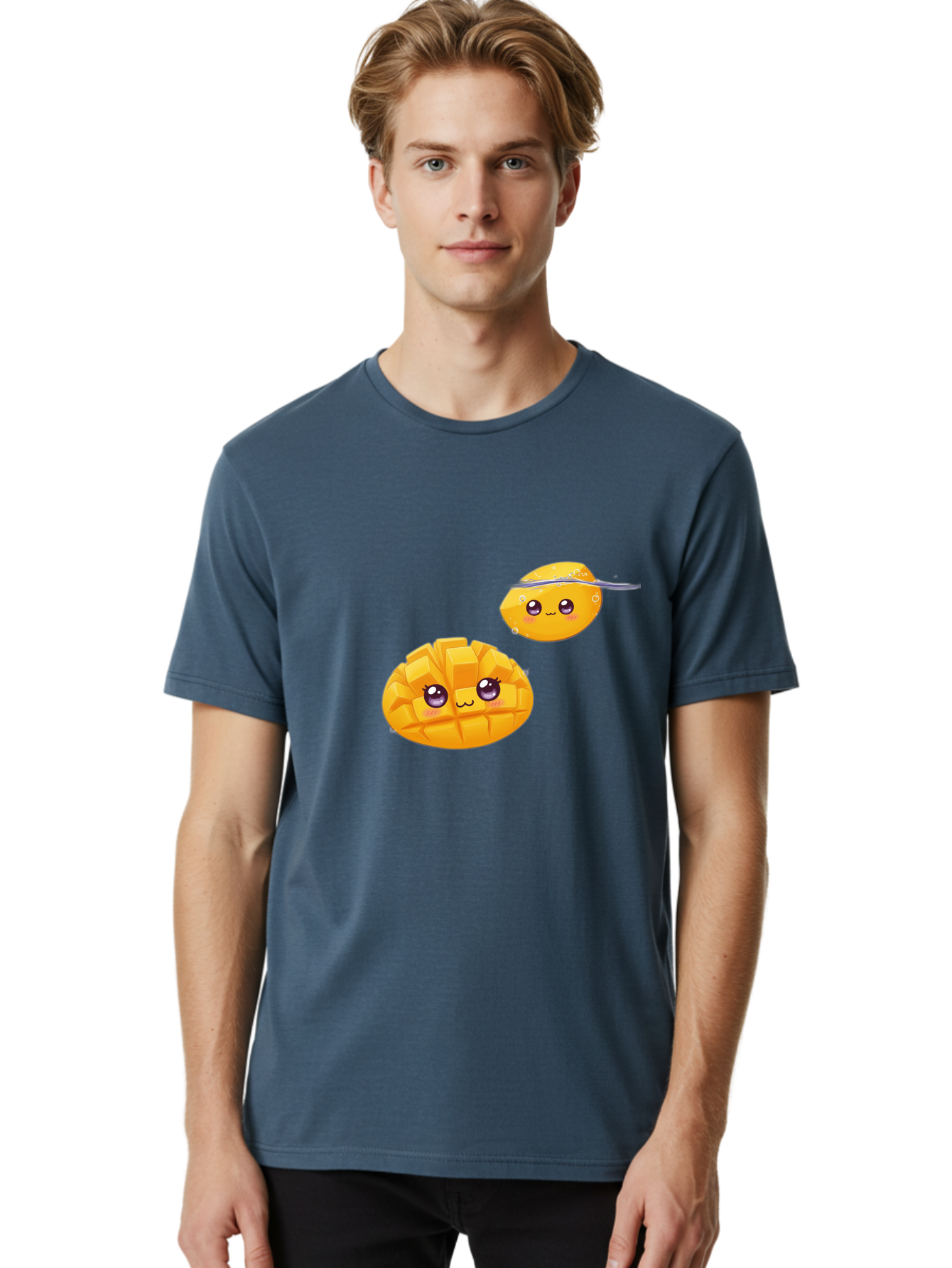 Mango-Characters Men'S Graphic Tee, 100% Cotton, Comfortable Casual Summer Wear, Machine Washable, Cartoon Mangoes, Cute Fruit, Kawaii Characters, Smiling Faces, Playful Illustration, Adorable Graphics, Tropical Fruit, Fun Design Bac138
