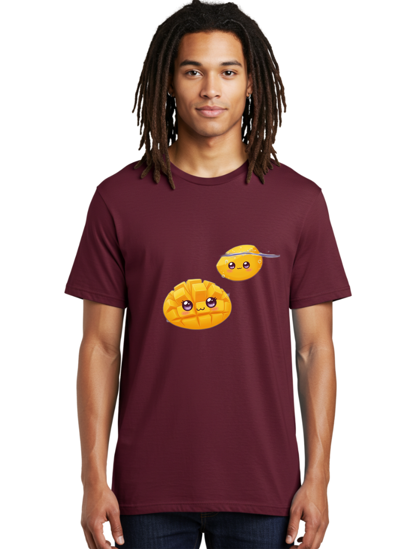 Mango-Characters Men'S Graphic Tee, 100% Cotton, Comfortable Casual Summer Wear, Machine Washable, Cartoon Mangoes, Cute Fruit, Kawaii Characters, Smiling Faces, Playful Illustration, Adorable Graphics, Tropical Fruit, Fun Design Bac138