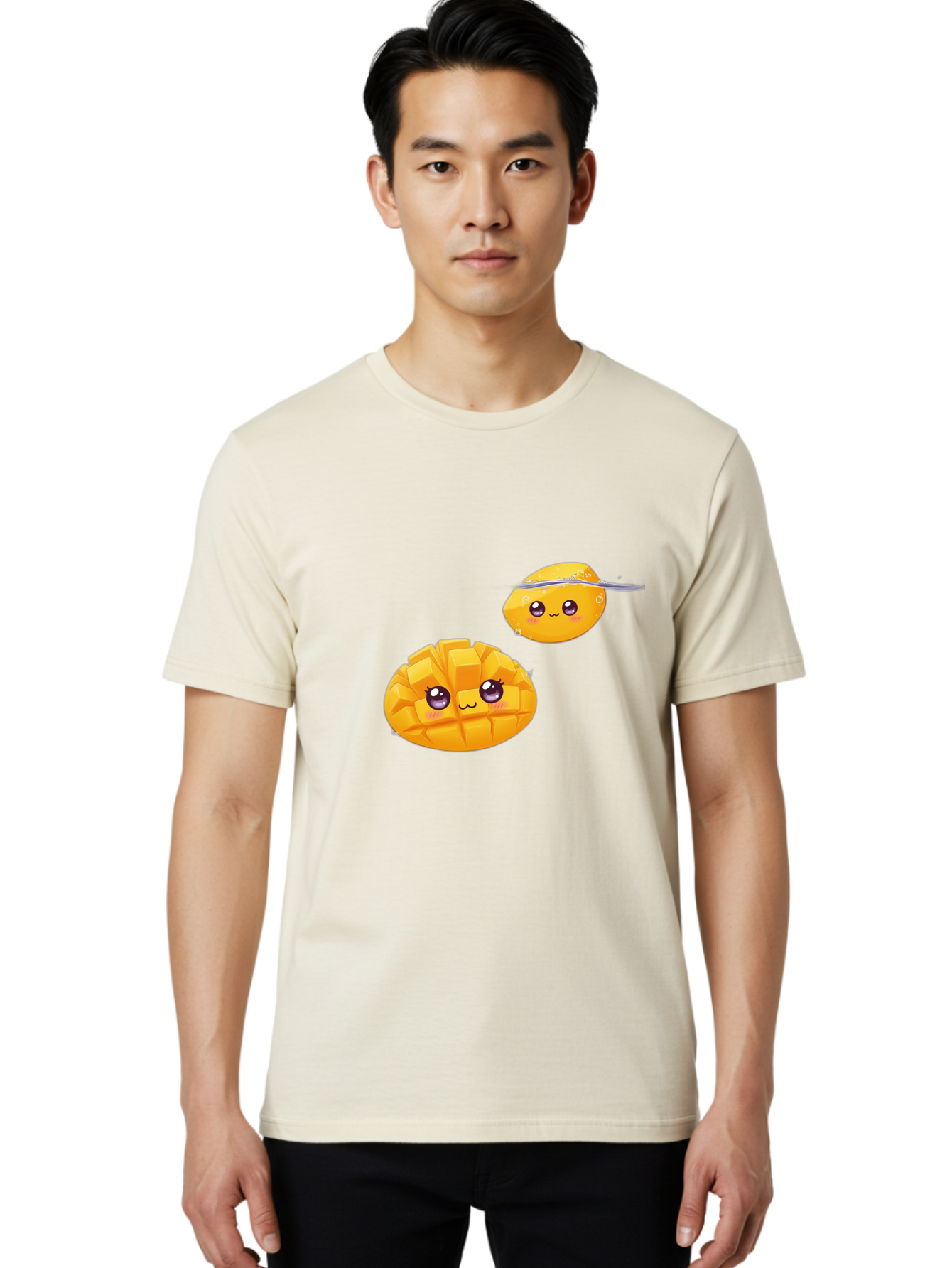 Mango-Characters Men'S Graphic Tee, 100% Cotton, Comfortable Casual Summer Wear, Machine Washable, Cartoon Mangoes, Cute Fruit, Kawaii Characters, Smiling Faces, Playful Illustration, Adorable Graphics, Tropical Fruit, Fun Design Bac138