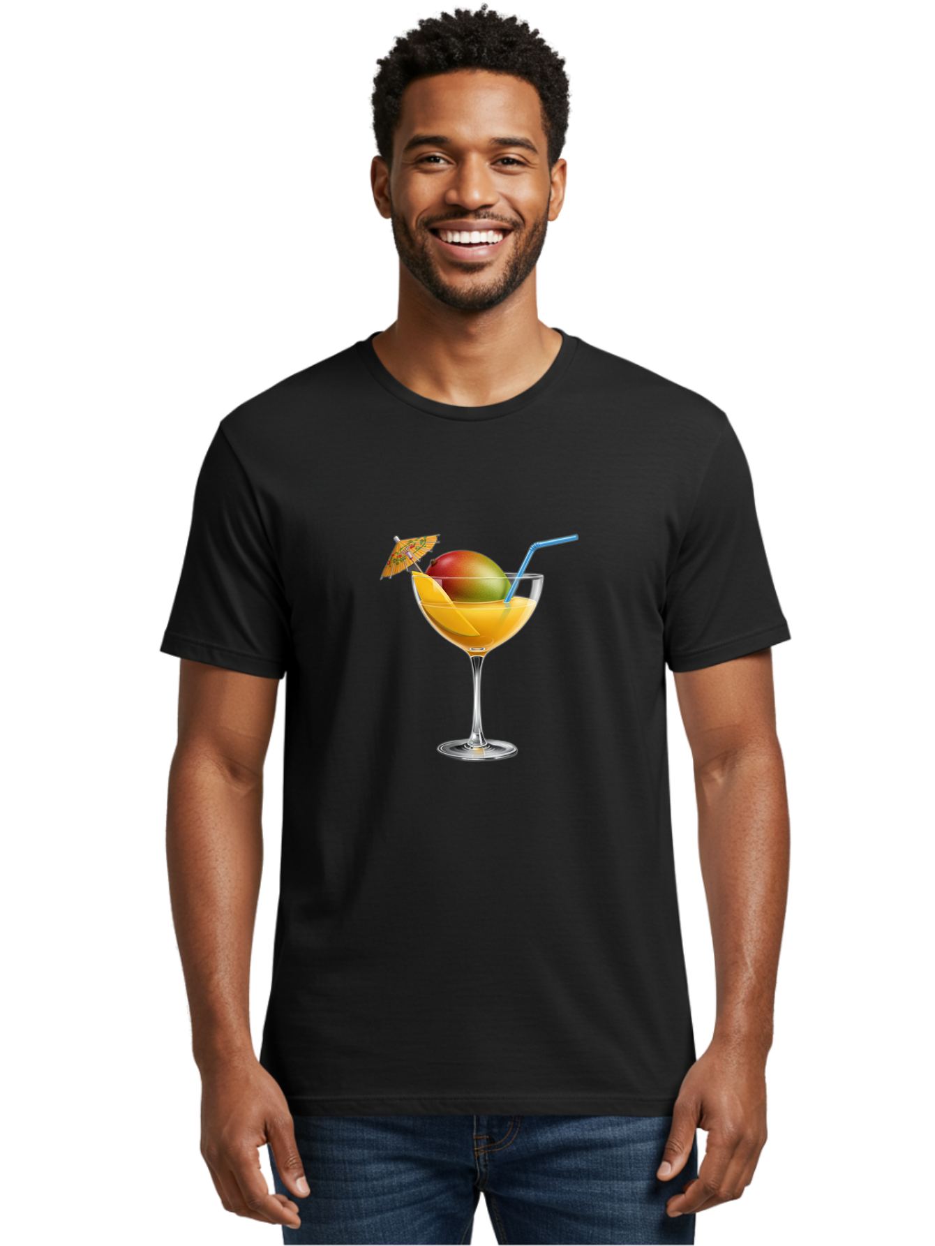 Mango-Cocktail Men'S Graphic Tee, 100% Cotton, Comfortable Casual Summer Wear, Machine Washable, Cocktail Glass, Orange Drink, Mango, Umbrella, Blue Straw, Refreshing Beverage, Summer Drink, Citrus Flavor, Fruity Cocktail, Tropical Twist, Bac139