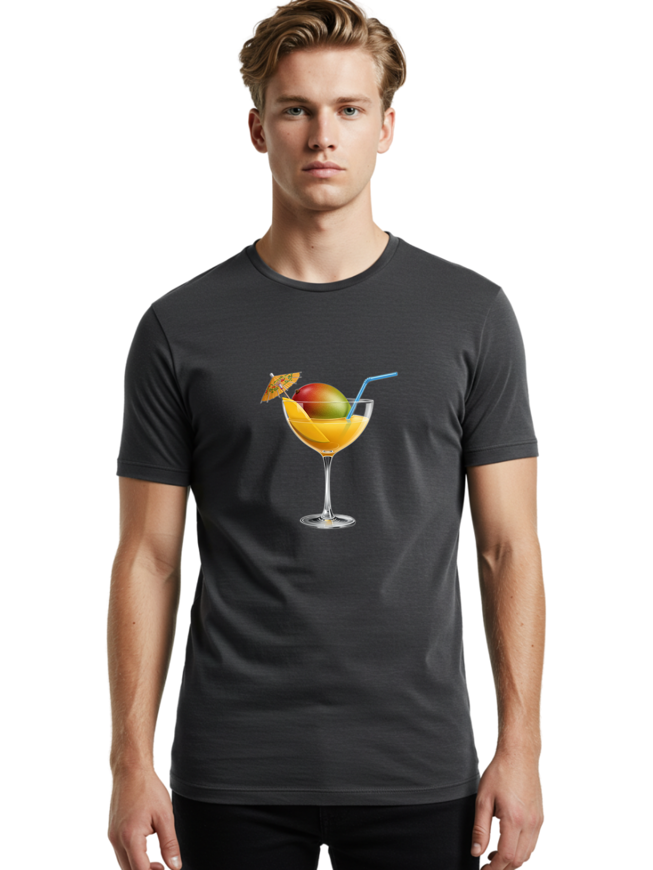 Mango-Cocktail Men'S Graphic Tee, 100% Cotton, Comfortable Casual Summer Wear, Machine Washable, Cocktail Glass, Orange Drink, Mango, Umbrella, Blue Straw, Refreshing Beverage, Summer Drink, Citrus Flavor, Fruity Cocktail, Tropical Twist, Bac139