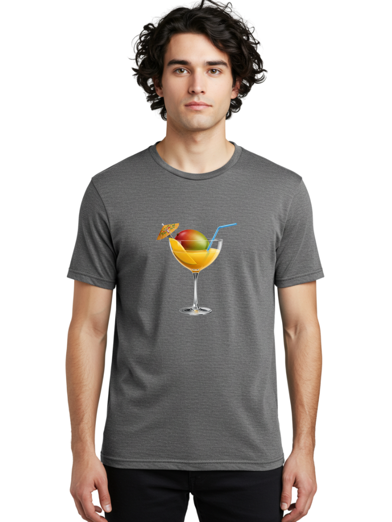 Mango-Cocktail Men'S Graphic Tee, 100% Cotton, Comfortable Casual Summer Wear, Machine Washable, Cocktail Glass, Orange Drink, Mango, Umbrella, Blue Straw, Refreshing Beverage, Summer Drink, Citrus Flavor, Fruity Cocktail, Tropical Twist, Bac139