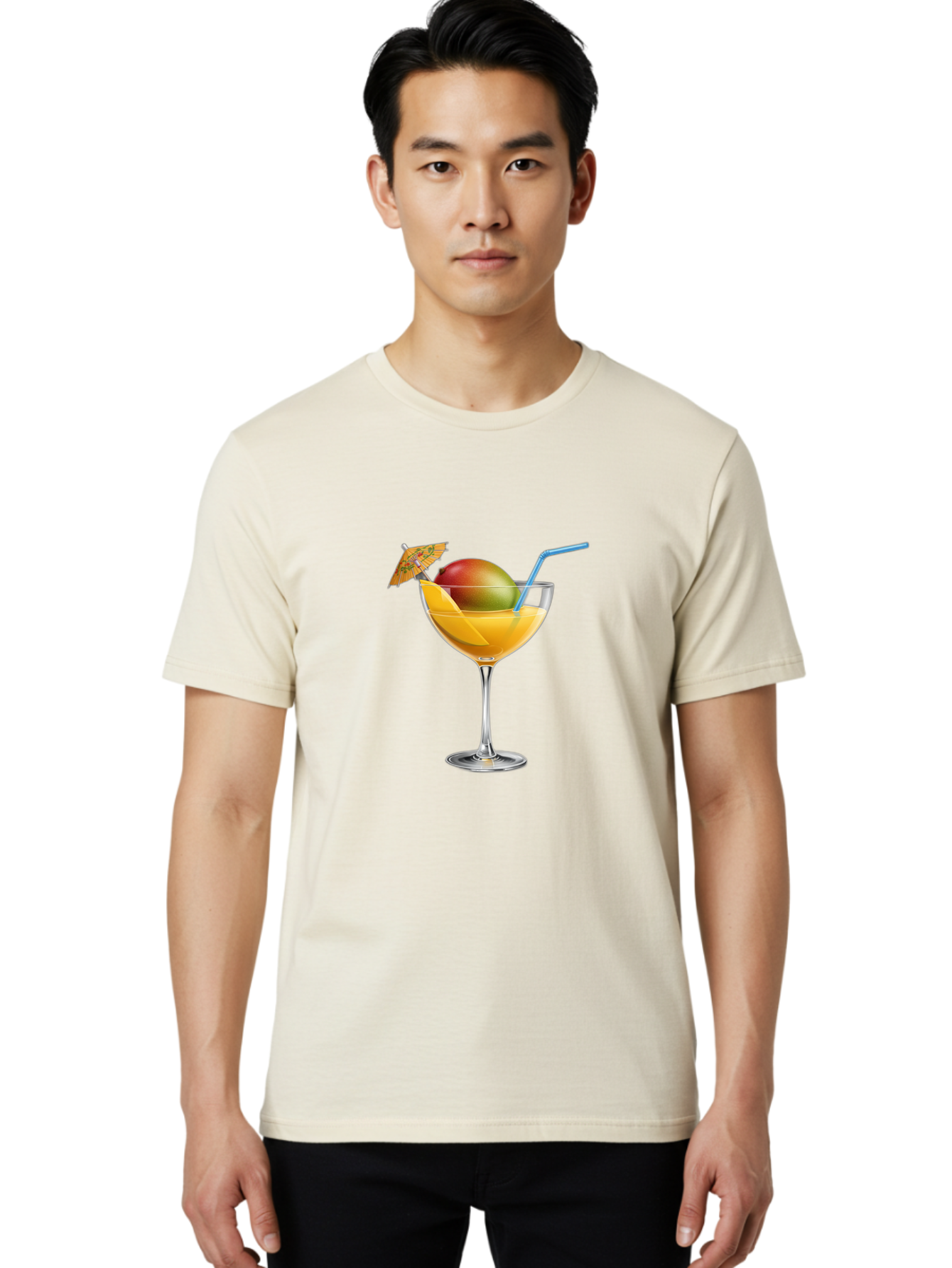 Mango-Cocktail Men'S Graphic Tee, 100% Cotton, Comfortable Casual Summer Wear, Machine Washable, Cocktail Glass, Orange Drink, Mango, Umbrella, Blue Straw, Refreshing Beverage, Summer Drink, Citrus Flavor, Fruity Cocktail, Tropical Twist, Bac139