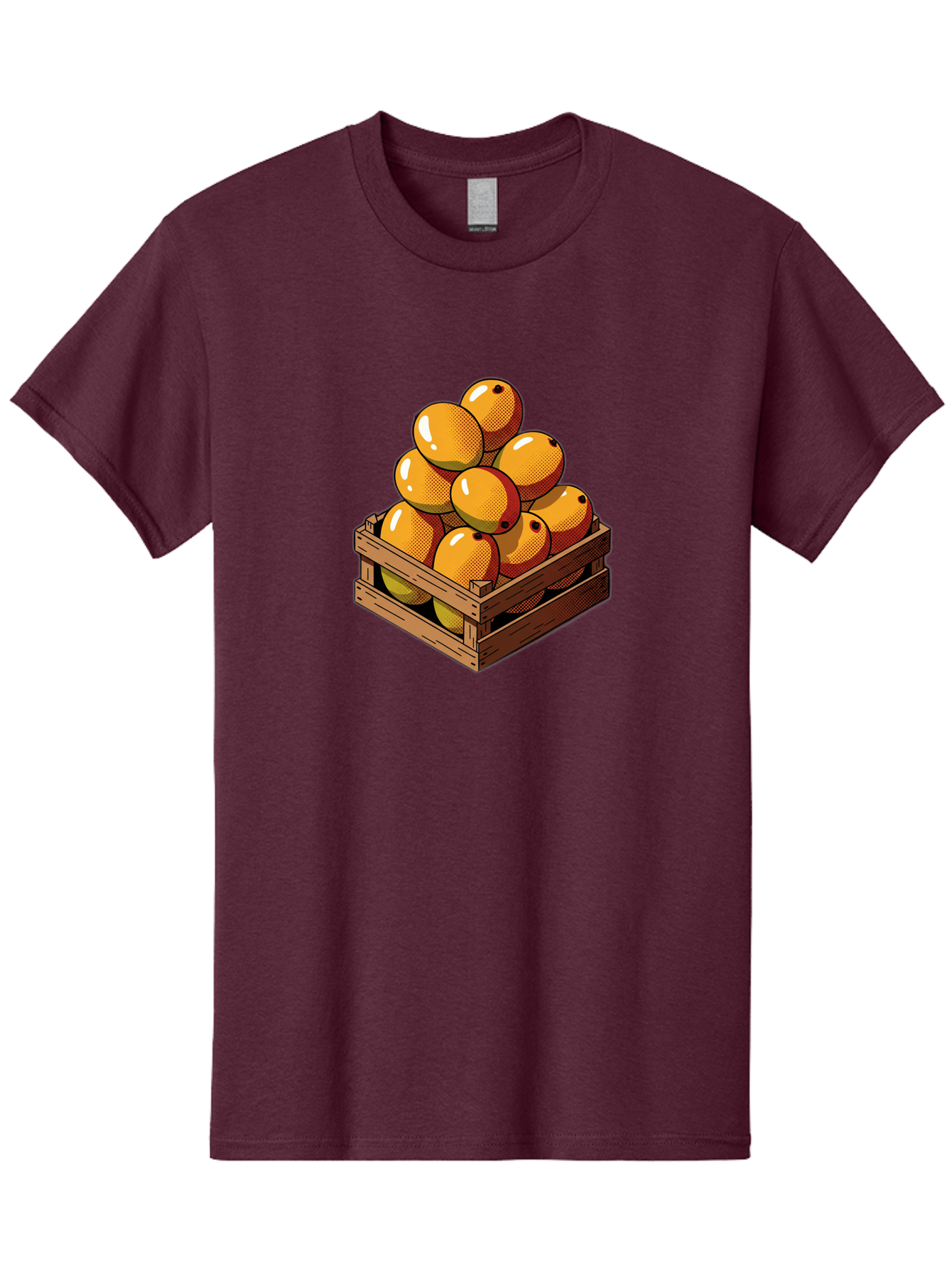Mango-Crate Men'S Graphic Tee, 100% Cotton, Comfortable Casual Summer Wear, Machine Washable, Mangoes In Wooden Crate, Fresh Fruit, Vibrant Colors, Halftone Effect, Orange Fruit, Black Dots, Wooden Slats, Pop Art Style, Fruit Illustration Bac140