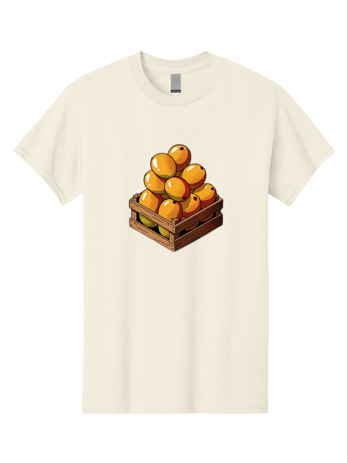 Mango-Crate Men'S Graphic Tee, 100% Cotton, Comfortable Casual Summer Wear, Machine Washable, Mangoes In Wooden Crate, Fresh Fruit, Vibrant Colors, Halftone Effect, Orange Fruit, Black Dots, Wooden Slats, Pop Art Style, Fruit Illustration Bac140