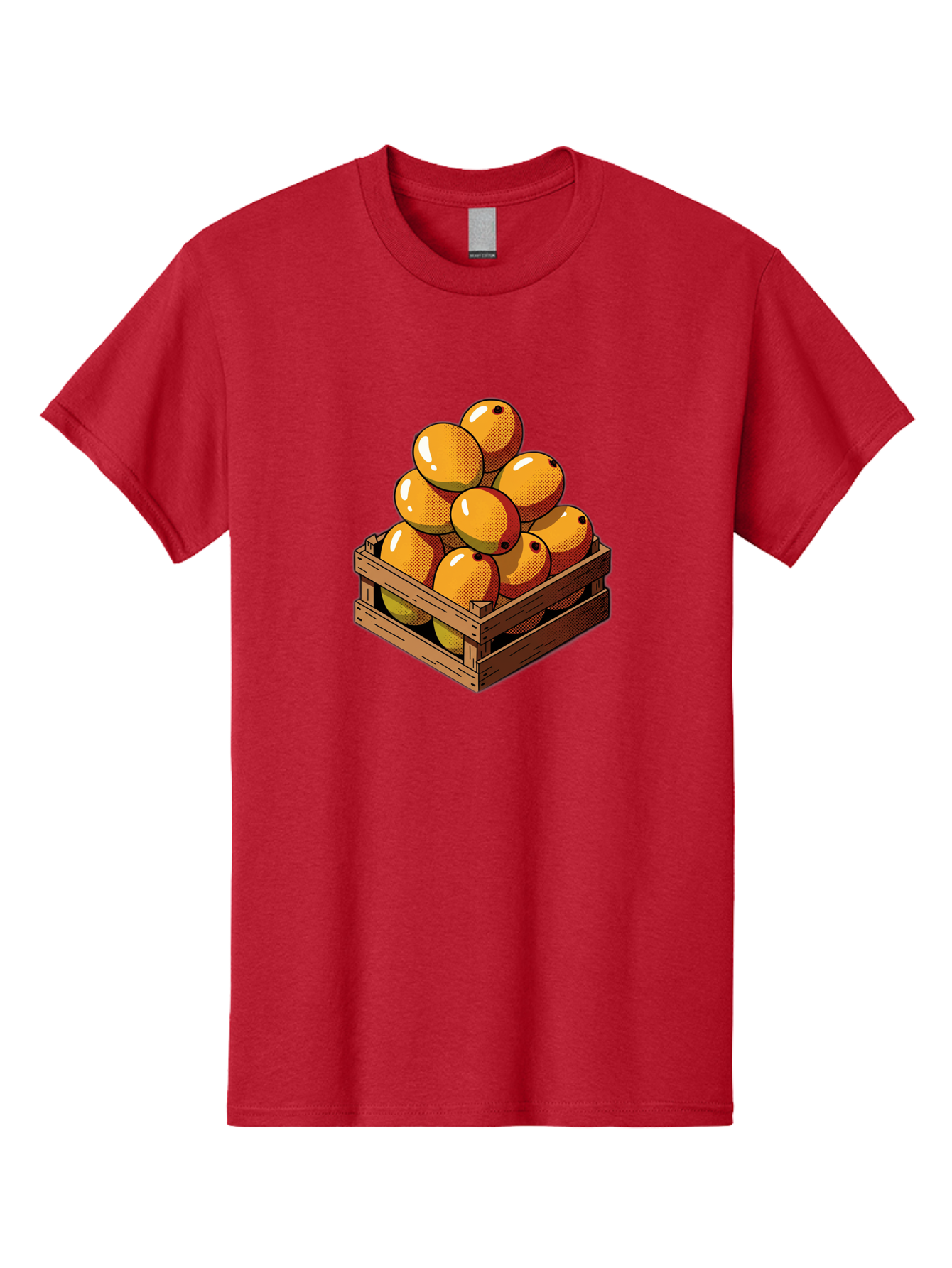 Mango-Crate Men'S Graphic Tee, 100% Cotton, Comfortable Casual Summer Wear, Machine Washable, Mangoes In Wooden Crate, Fresh Fruit, Vibrant Colors, Halftone Effect, Orange Fruit, Black Dots, Wooden Slats, Pop Art Style, Fruit Illustration Bac140