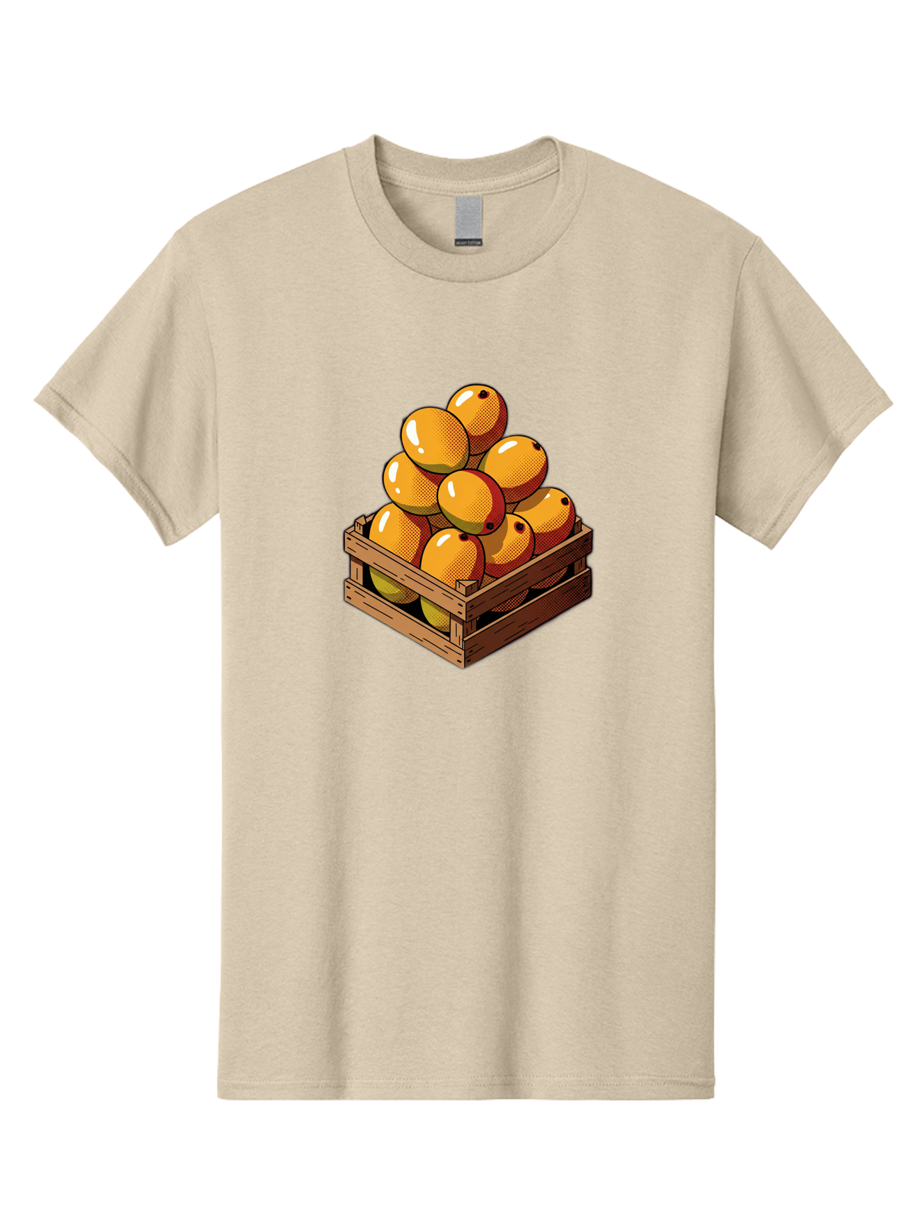 Mango-Crate Men'S Graphic Tee, 100% Cotton, Comfortable Casual Summer Wear, Machine Washable, Mangoes In Wooden Crate, Fresh Fruit, Vibrant Colors, Halftone Effect, Orange Fruit, Black Dots, Wooden Slats, Pop Art Style, Fruit Illustration Bac140