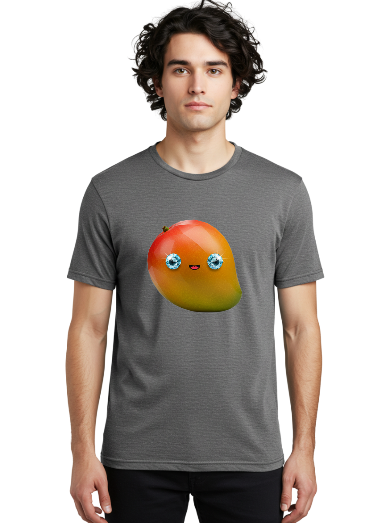 Mango-Eyes Men'S Graphic Tee, 100% Cotton, Comfortable Casual Summer Wear, Machine Washable, Mango Fruit, Diamond Eyes, Cartoon Character, Shiny Mango, Cute Fruit, Smiling Face, Vibrant Colors, Luxury Fruit, Exotic Charm Bac143