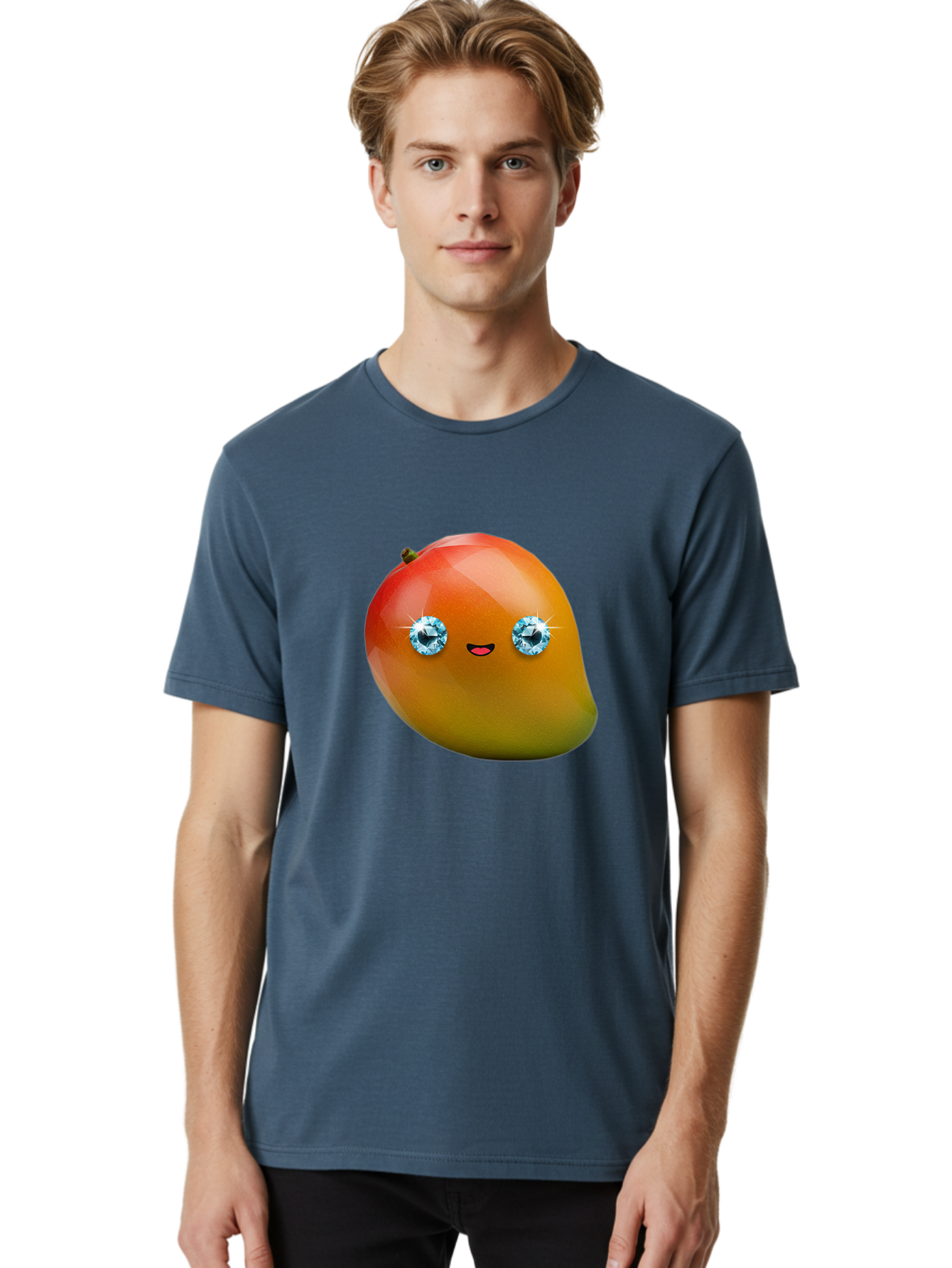 Mango-Eyes Men'S Graphic Tee, 100% Cotton, Comfortable Casual Summer Wear, Machine Washable, Mango Fruit, Diamond Eyes, Cartoon Character, Shiny Mango, Cute Fruit, Smiling Face, Vibrant Colors, Luxury Fruit, Exotic Charm Bac143